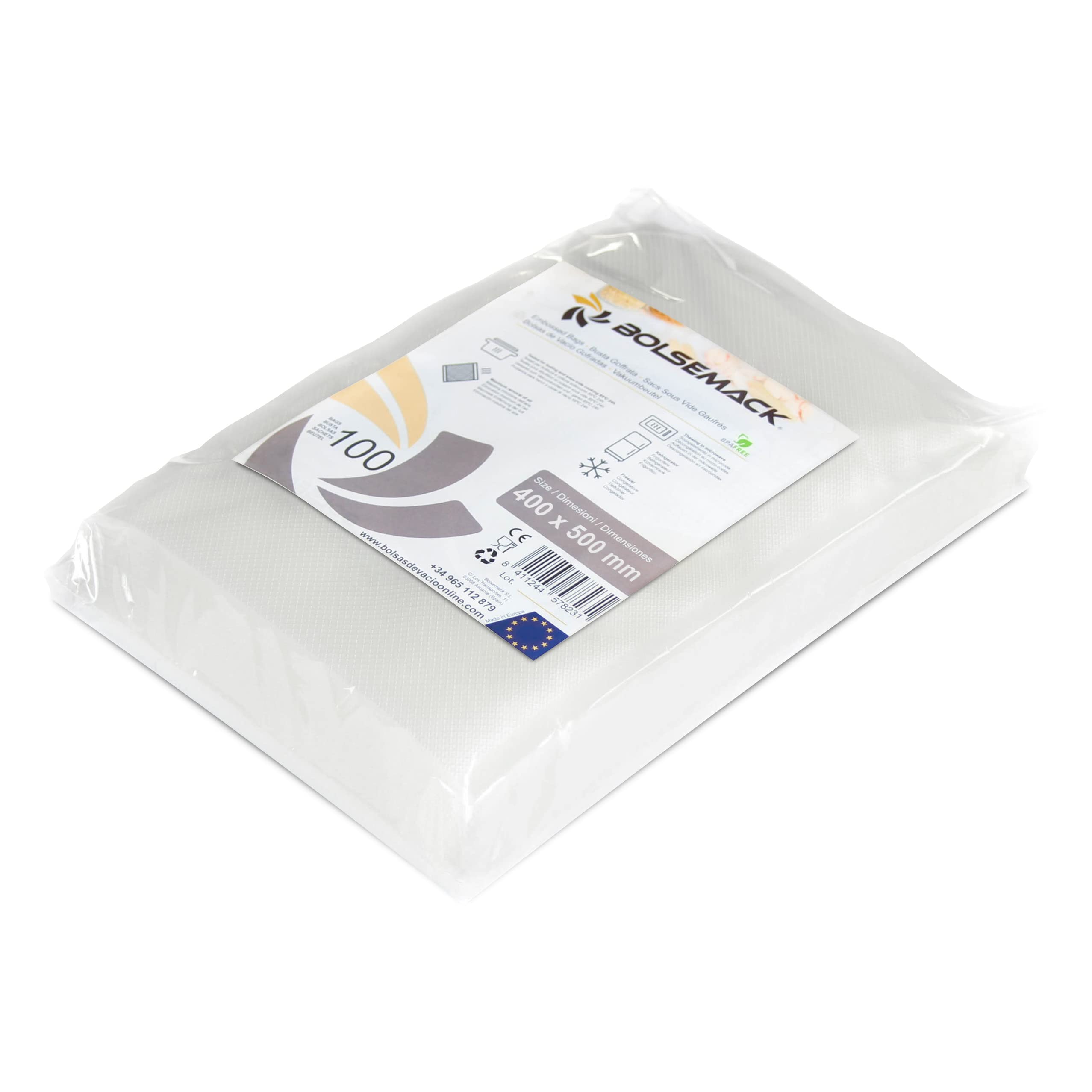 BOLSEMACK Sacchetti Sottovuoto Alimenti 100 Buste 40x50cm - Buste Sottovuoto Alimenti per Macchine Sottovuoto - Sacchetti per Sottovuoto per la Conservazione Degli Alimenti - Senza BPA