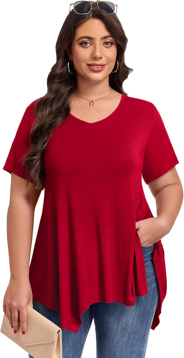 LARACE Plus Size Tops for Womens Summer Clothes Short Sleeve Shirts Casual V Neck Tunic Asymmetrical Blouses - Image 2