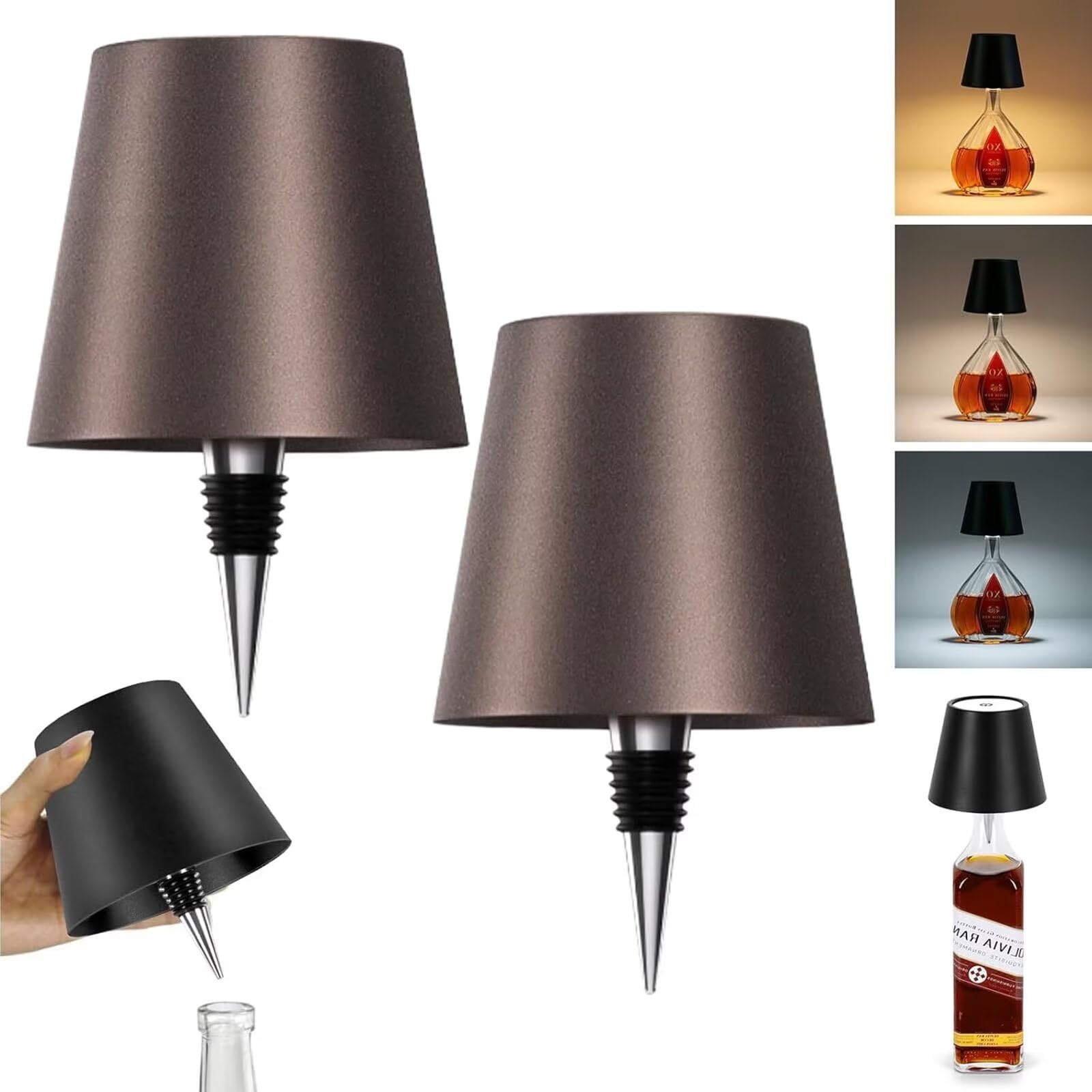 ARRITS Pridola Wireless Bottle Lamp, 2PCS Portable LED Wireless Wine Bottle Light Head, RGB/3 Color Stepless Dimming Rechargeable LED Wine Bottle Lights, Outdoor Touch Table Lamp, Bar Lamp