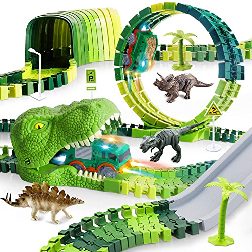 Dinosaur Toys Race Track -200+pcs Flexible Train Tracks with 2 Race Cars, Create A Dinosaur World Road Race, Dinosaur Toys for 3 4 5 6 7 Years Old Kids, Birthday Gift for Boys and Girls