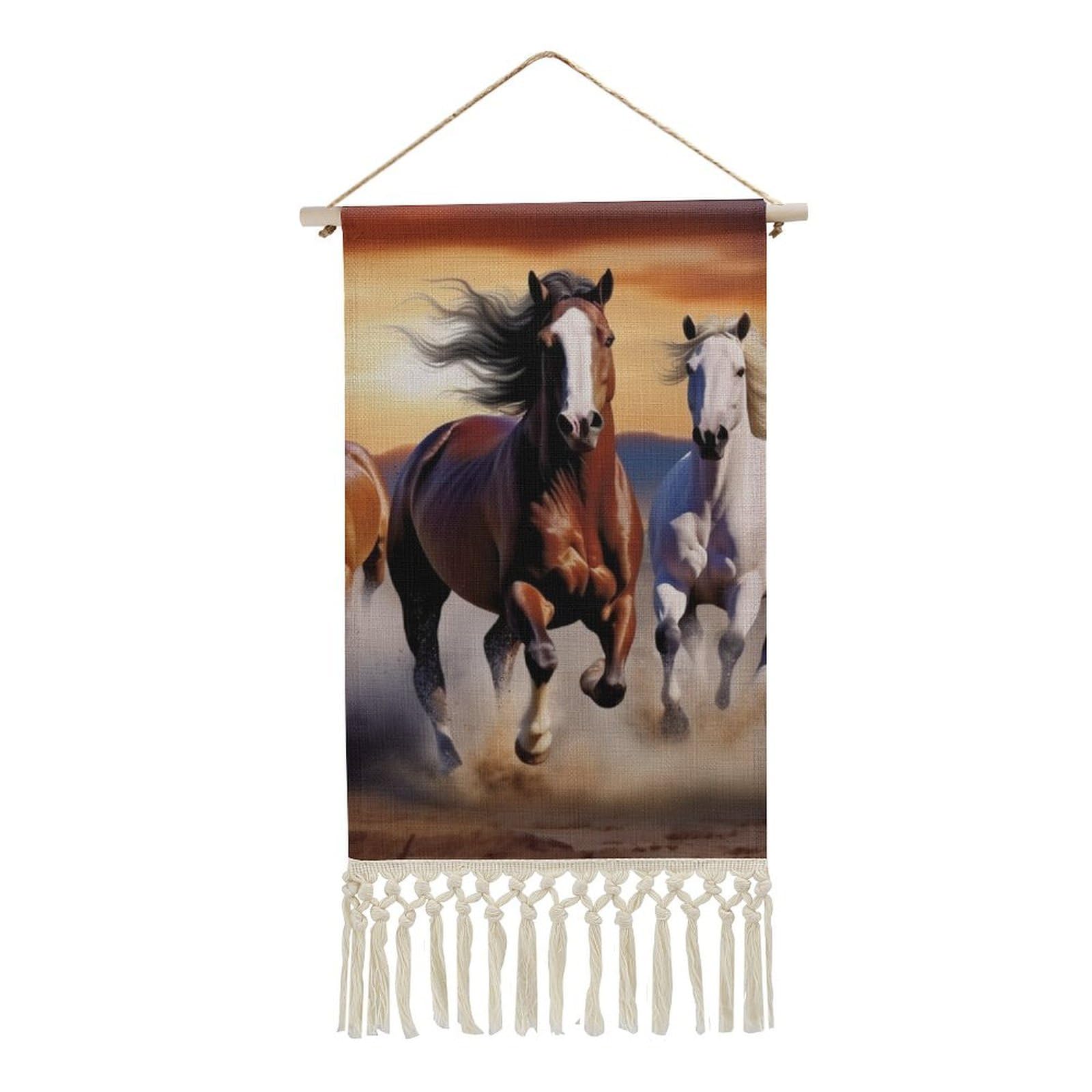 BTCOWZRV Cotton And Linen Hanging Poster with Tassels, Running Horses Wall Hanging Tapestry Vintage Wall Art Painting Modern Artwork Decoration for Home Decor Ready to Hang 10x19.6 in