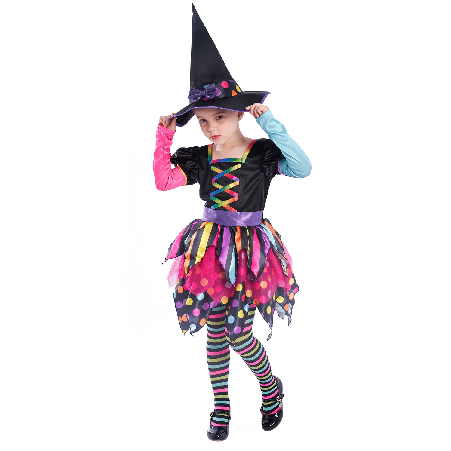Sincere Party Ragazze Halloween Strega Costume, Deluxe Adorabile Neon Colorato Strega Travestimento con Cappello