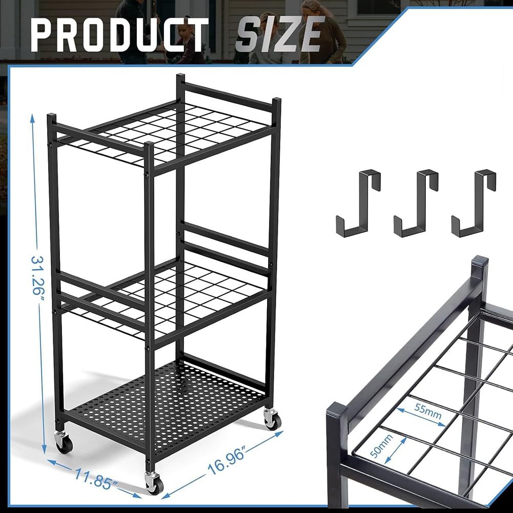 Organiseur d'outils de jardin pour garage, étagère à outils électriques, porte-outils avec 3 crochets, chariot à roulettes