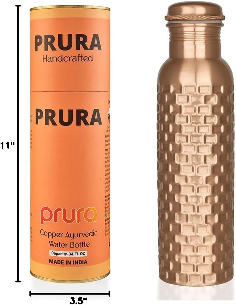 Handcrafted Pure Copper Drinking Water Bottle |Copper Water Bottle with Lid - Ayurvedic Water Bottle with Vessel - Drink More Water Bottle Bricks 32 oz
