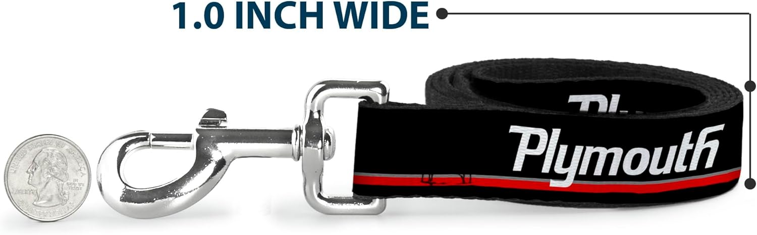 Dog Leash Plymouth Text Stripe Black White Gray Red 6 Feet Long 1.0 Inch Wide