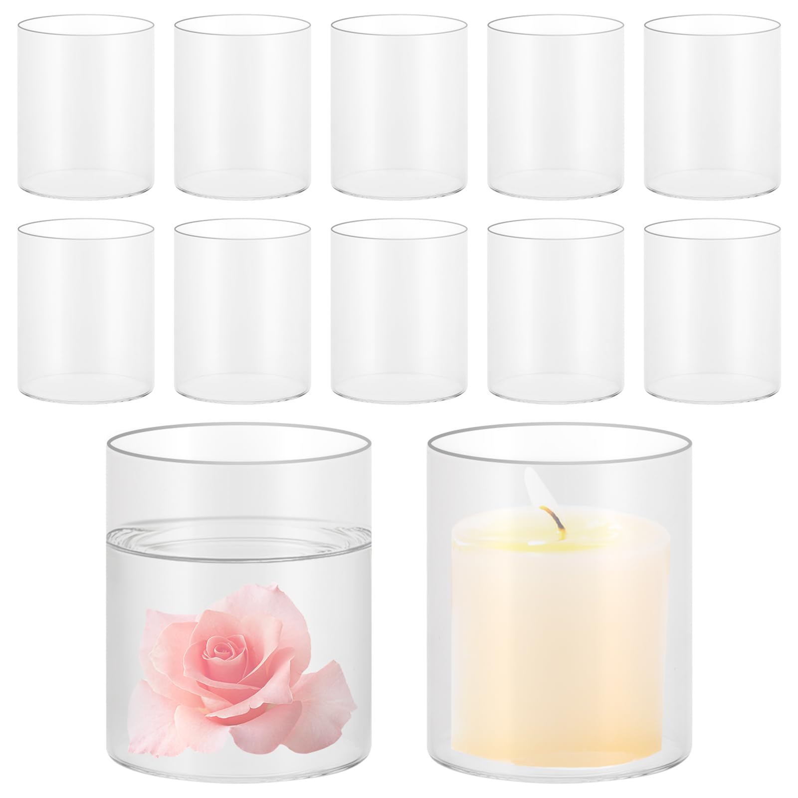 Oungy 12 stuks glas voor kaarsen, cilinder vaas, klein, 10 cm hoog, doorzichtig, ronde bodem, kaarsglazen, kleine vazen voor thuis, kantoor