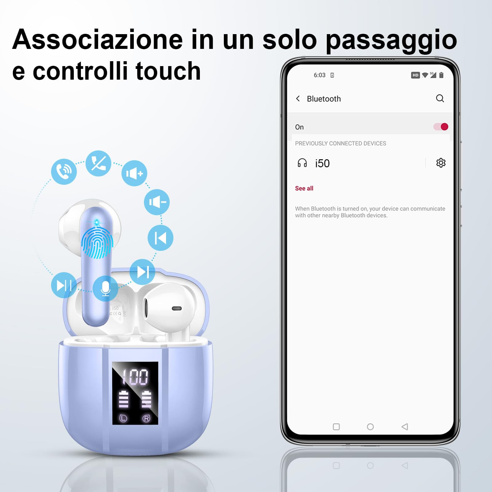 Renimer Cuffie Bluetooth, senza fili, Bluetooth 5.3, auricolari in-ear Bluetooth, IP7, impermeabili, senza fili, con microfono, 48 ore, con display digitale a LED