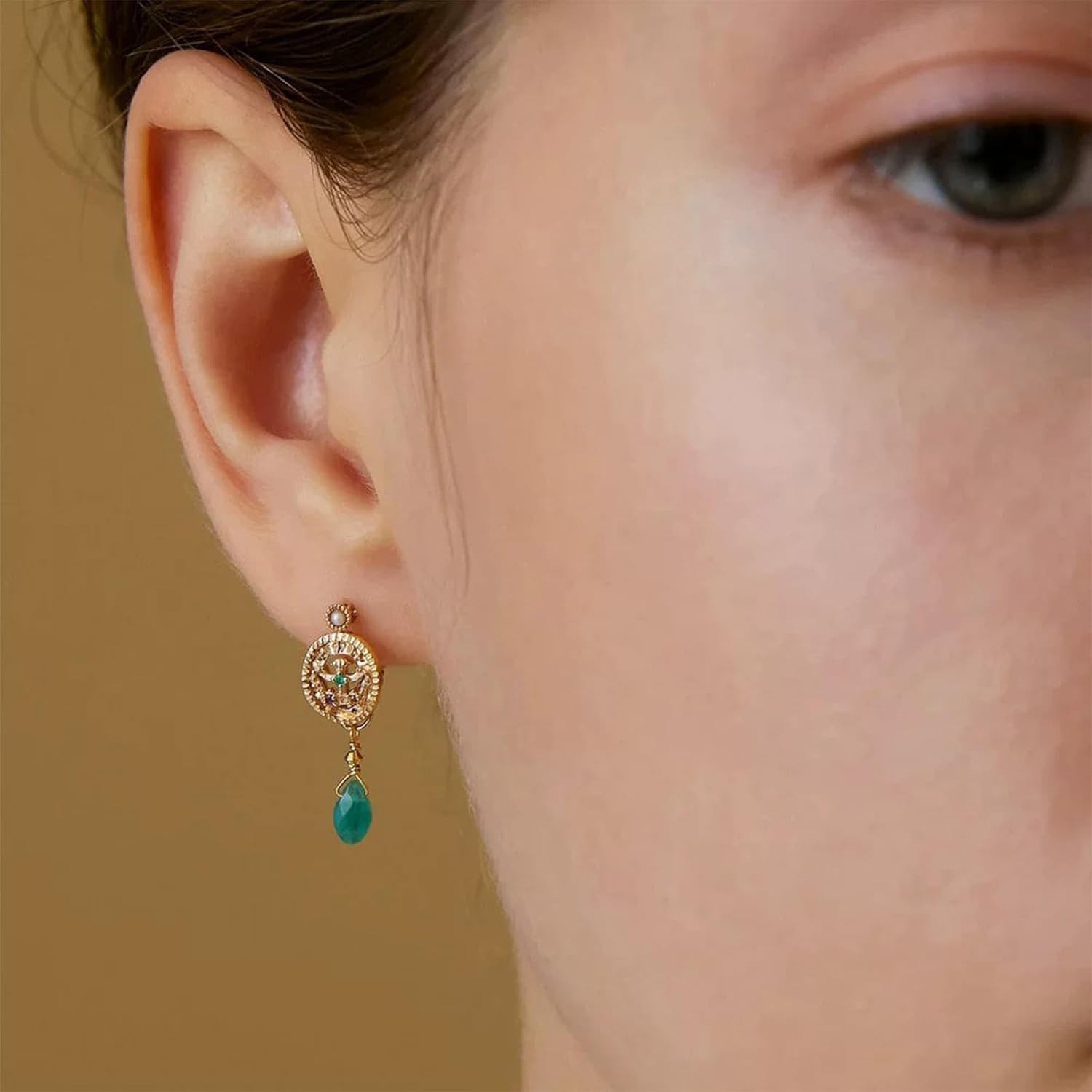 14K Gold Plated 925 Sterling Silver Antique Coin & Green Chrysoprase Artisan Drop Earrings for Women | Handcrafted Look, Boutique Vintage Jewelry Gift - Image 3