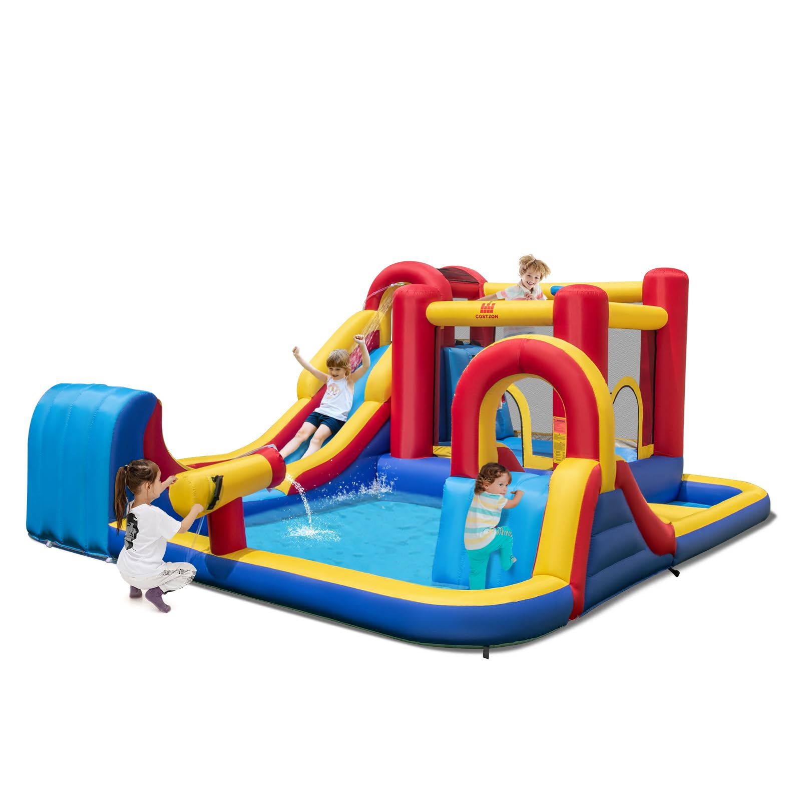 COSTWAY Castello Gonfiabile per Bambini, Parco Acquatico Gigante con Doppi Scivoli d'Acqua, 2 Piscine, Area Salto, Canestro e Parete da Arrampicata, 450 x 392 x 216 cm