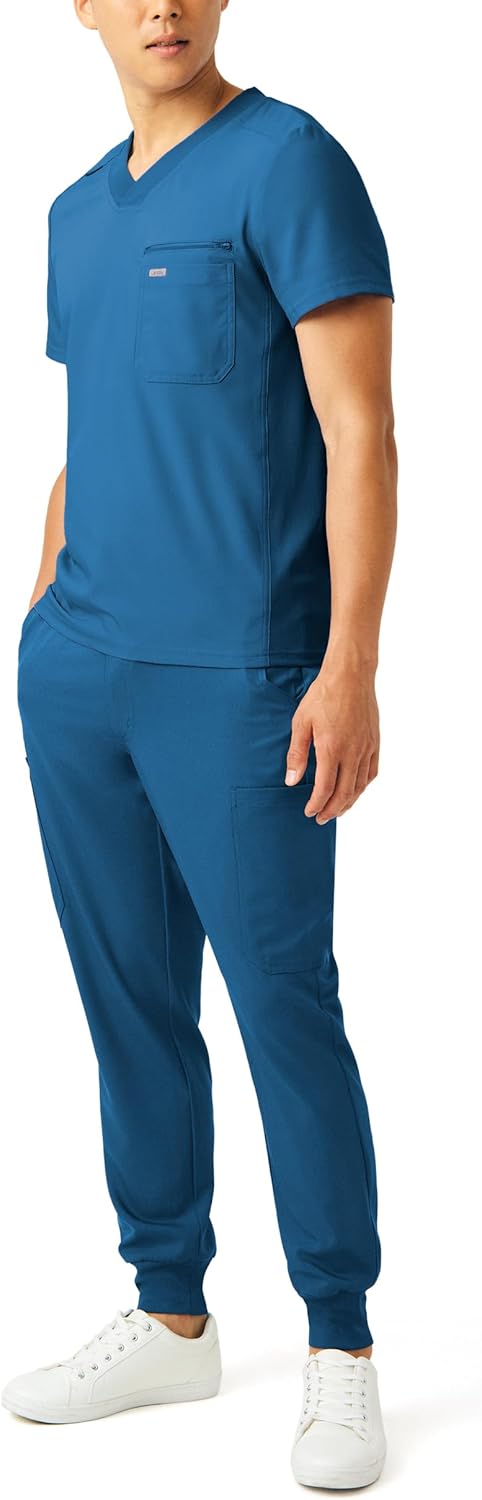 Landau Forward Men’s Tuckable Tailored Fit 2-Pocket Stretch V-Neck Scrub Top with Rib-Knit Panels LT111