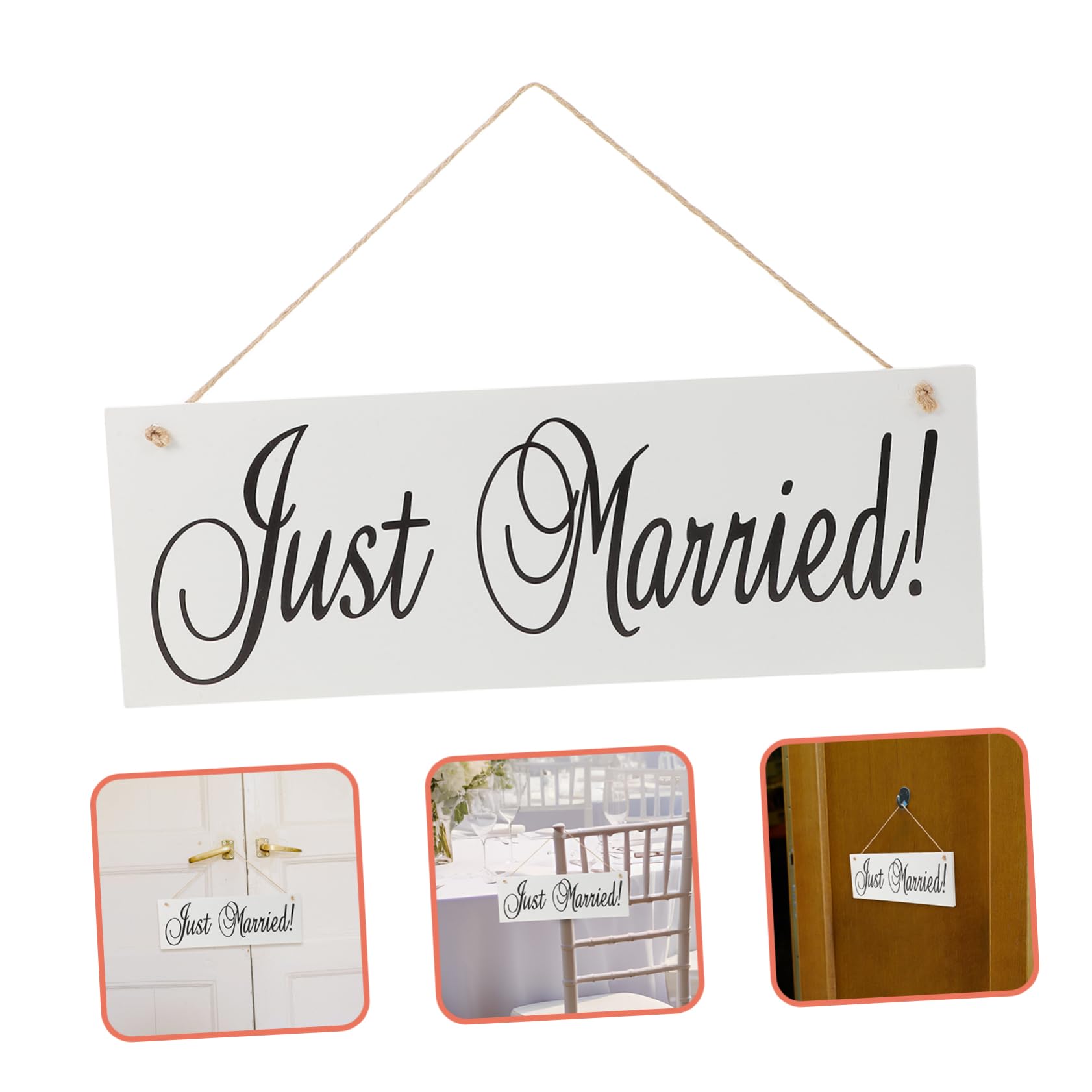 Cartello Appeso Just Married in Legno, Rettangolare Bianco