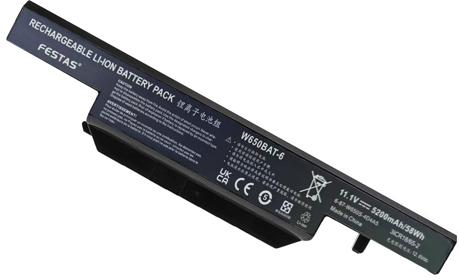 FESTAS 11.1V 5200mAh W650BAT-6 Batterie Compatible avec Clevo W650 W650S | W650SC W650SH W650SJ W650SR W650SZ W670SJQ Hasee K610C K650D Series 6-87-W650-4E42 6-87-W650S-4D4A3