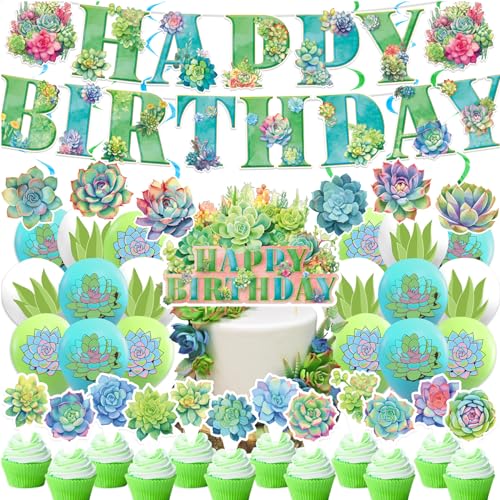 Succulent Plants Party Decorations - Birthday Banner, Cake Cupcake Toppers, Hanging Swirls, Balloons for Plant-Themed Birthday, Baby and Bridal Shower Decor