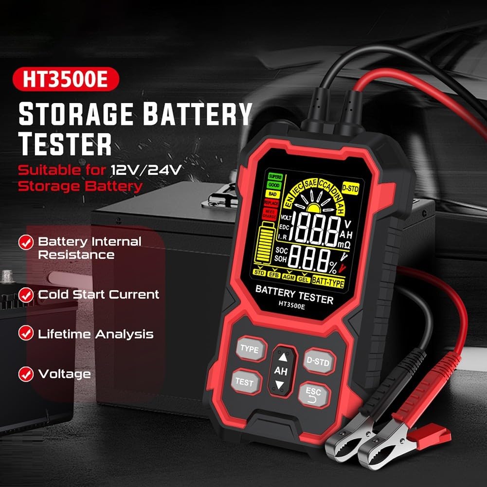 HT3500E Testeur de batterie 12 V/24 V pour voiture avec écran LCD pour capacité, tension, résistance intérieure pour AGM pour EFB GEL pour outils professionnels