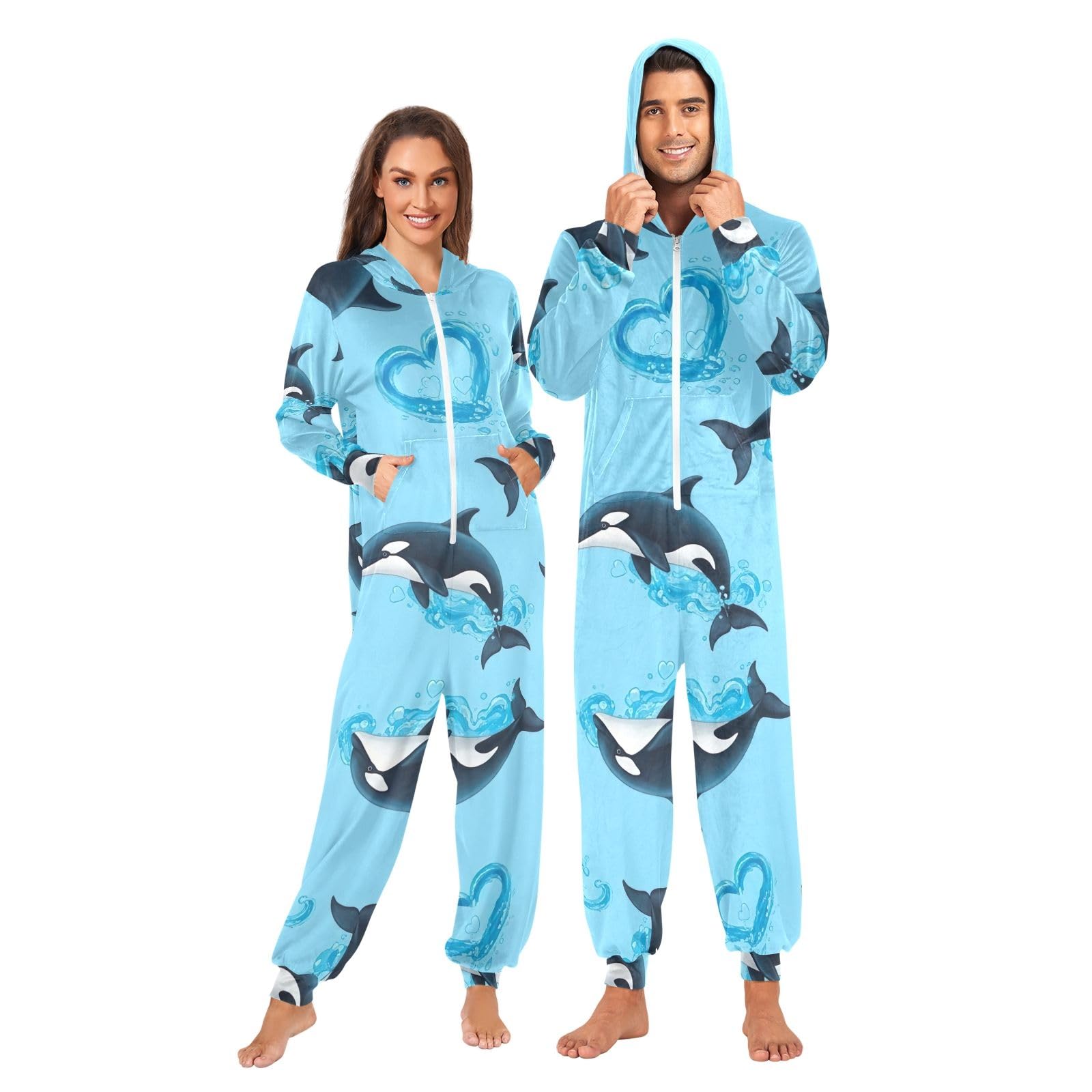 Dolphins - Tutina intera da adulto, in velluto di cristallo, con cappuccio, colore: azzurro