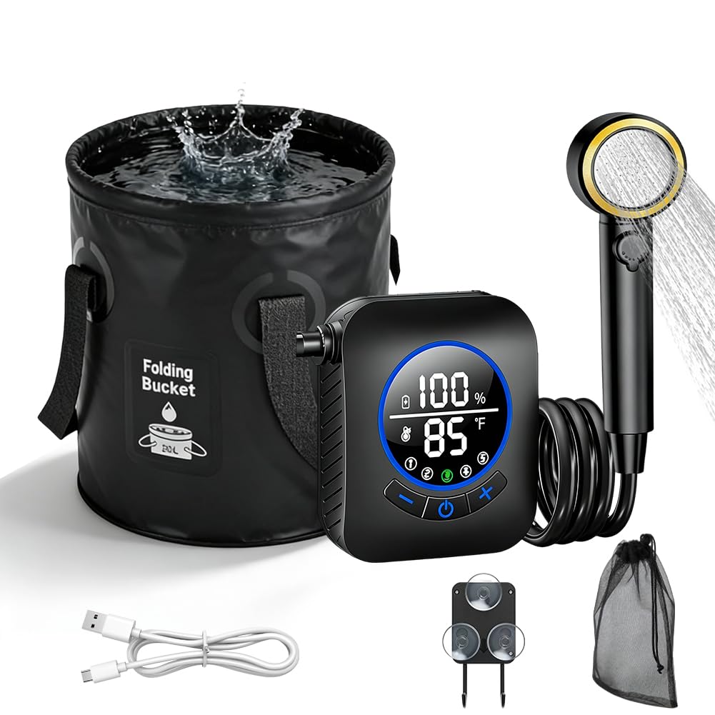 Set doccia da campeggio 2026 aggiornamento, batteria da 6000 mAh/8000 mAh e display intelligente, secchio da 5 galloni, soffione doccia a 4 modalità per viaggi all'aperto, accessori da