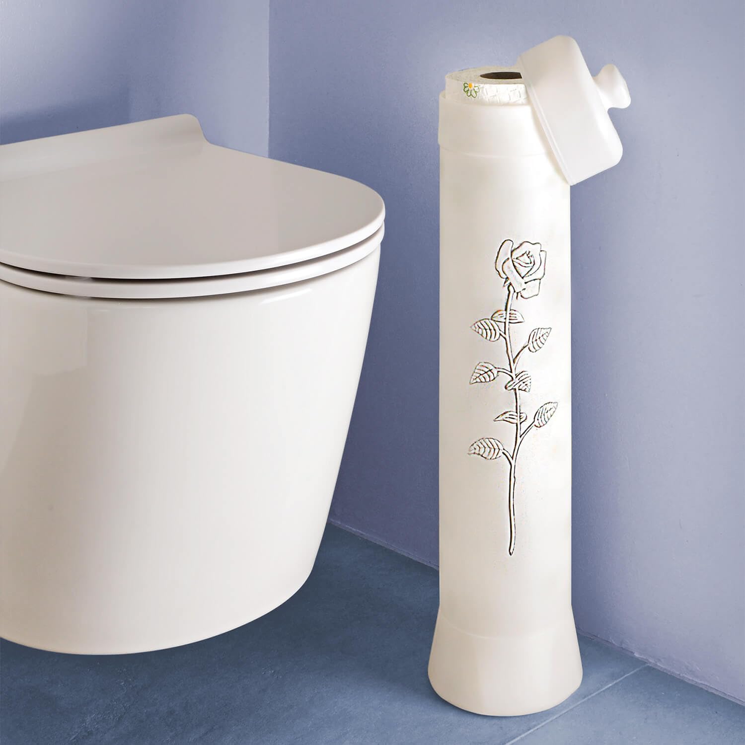 Coopers Of Stortford White – Toilet Roll Holder With Elegant Rose Décor – Loo Roll Tower, Holds Up To 5 Loo Rolls - Essential Bathroom Storage