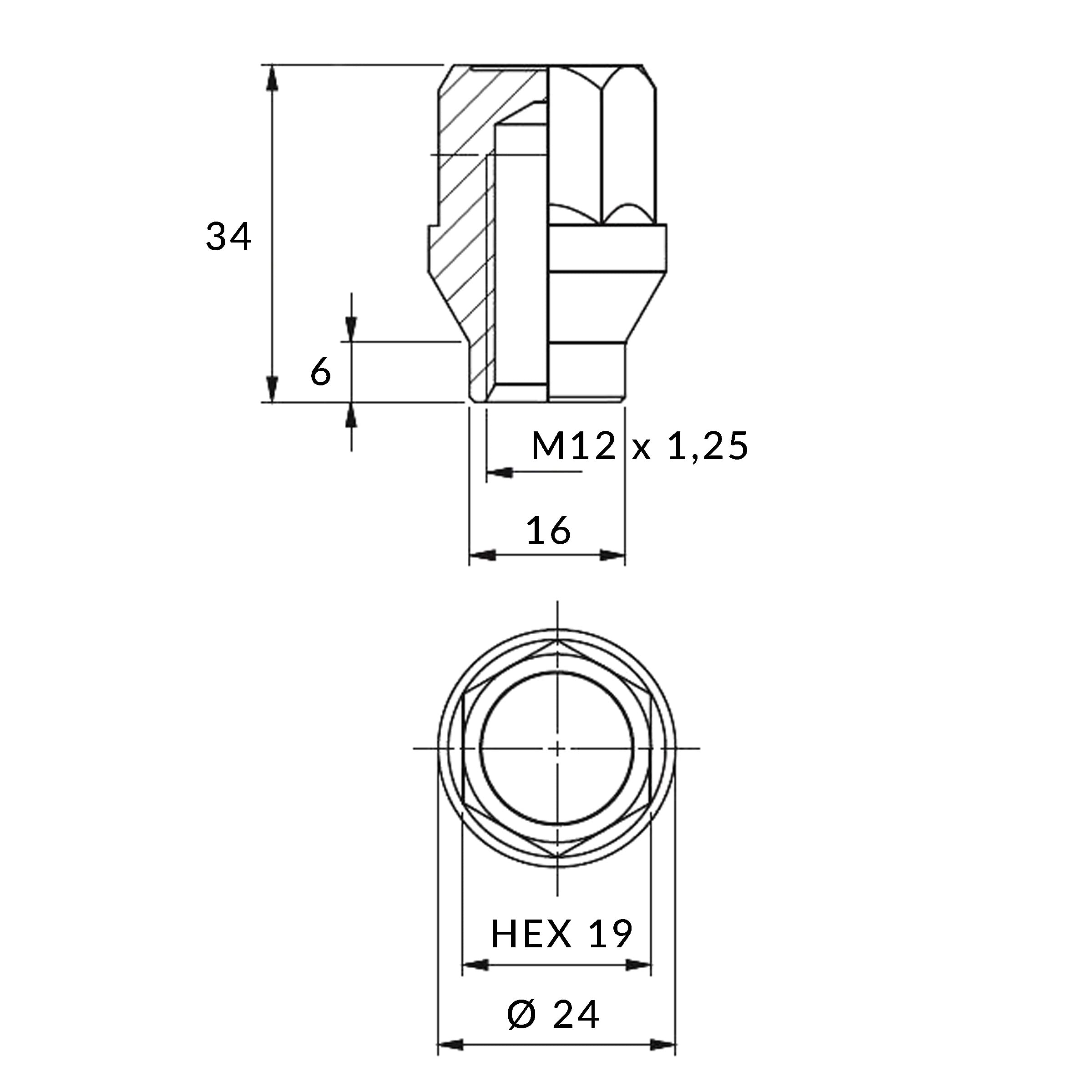 Dadi per ruota M12 x 1,25 con codolo 6 mm, fissaggio ruota SW19 (20)