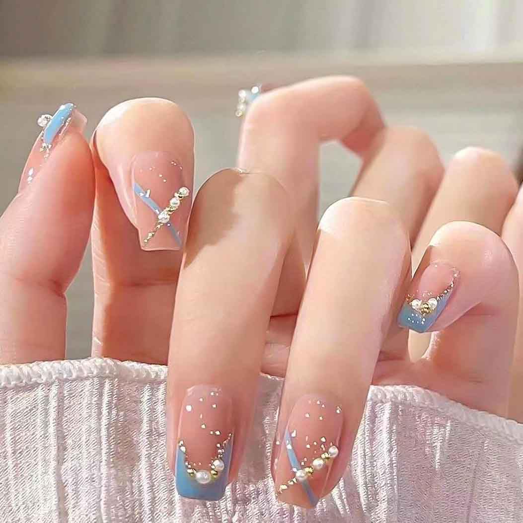 RikView Medium Press-on Square Fake Nails - French Tips with Pearls, Blue Glossy Full Cover Nails (24 PCs/Set)