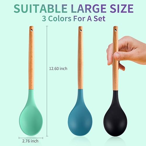 Miniatura 2 de 3 cucharas grandes de silicona para mezclar con mango de madera, antiadherentes, resistentes al calor, herramientas de mezcla de cocina (verde,