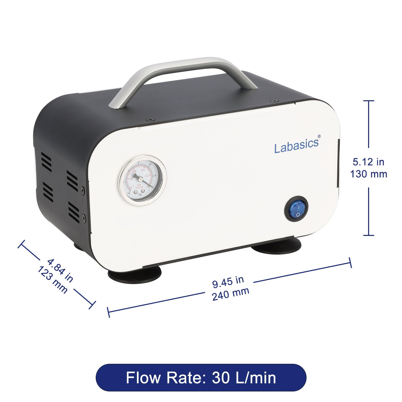 Labasics Membran Vakuumpumpe, Ölfreie Vakuumpumpe Tragbare Druckpumpe mit 30 L/min Förderleistung für Laborarbeiten mit Vakuumfiltration und Destillation, 110-220V