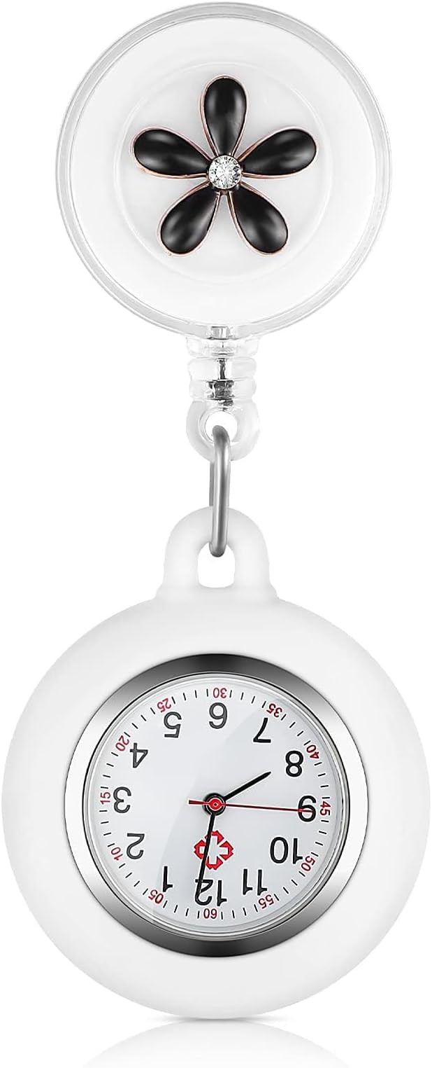 Retractable Nurse Watches Clip-on Hanging Fob Portable Pocket Watch with Cute Flower Pattern Lapel Watches for Nurses Doctors with Silicone Cover