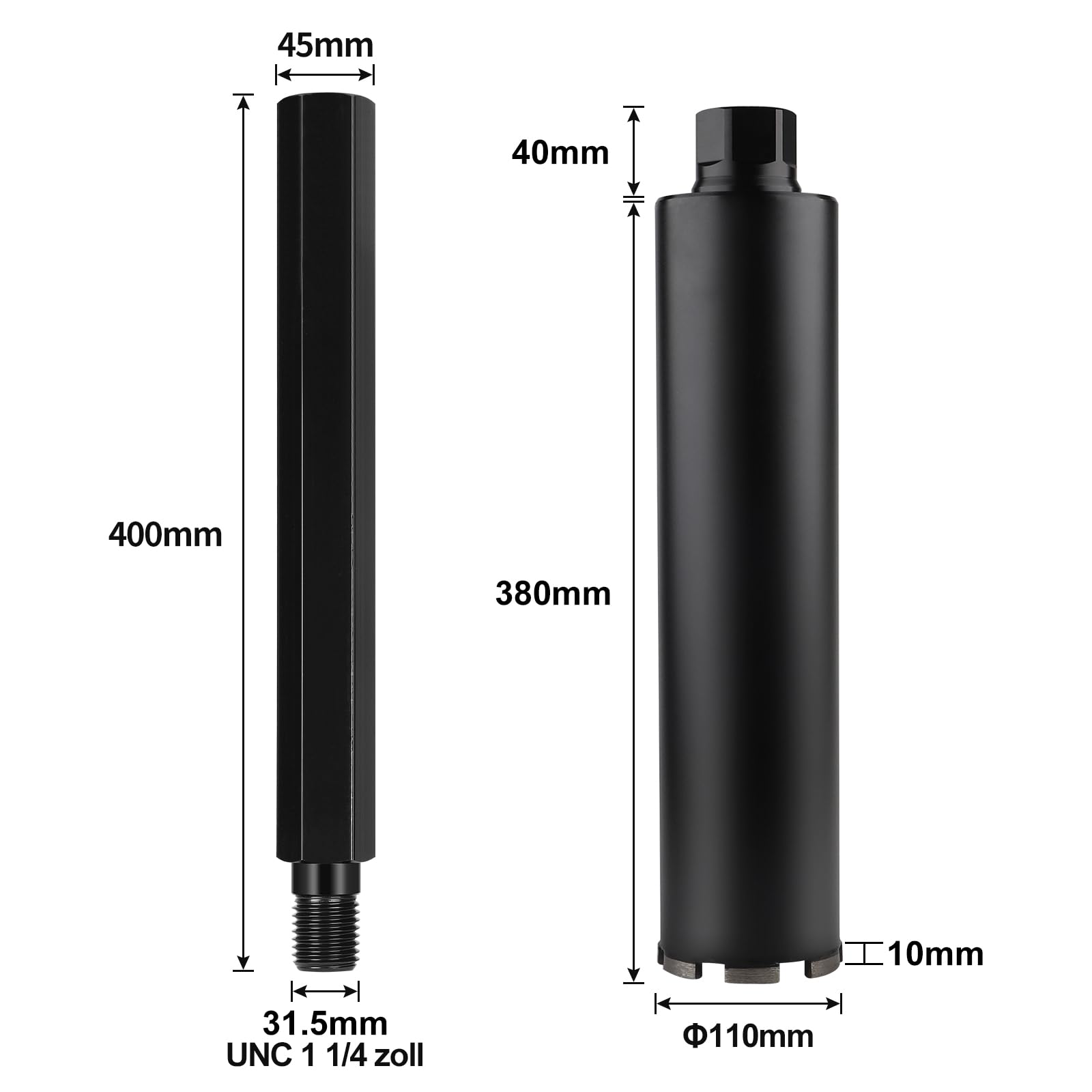 CPROSP ⌀110mm Corona de Diamante para Hormigo 1¼" UNC, con Broca de Extensión 400mm, Diamantina para Perforar en Hormigón, Mampostería y Piedra