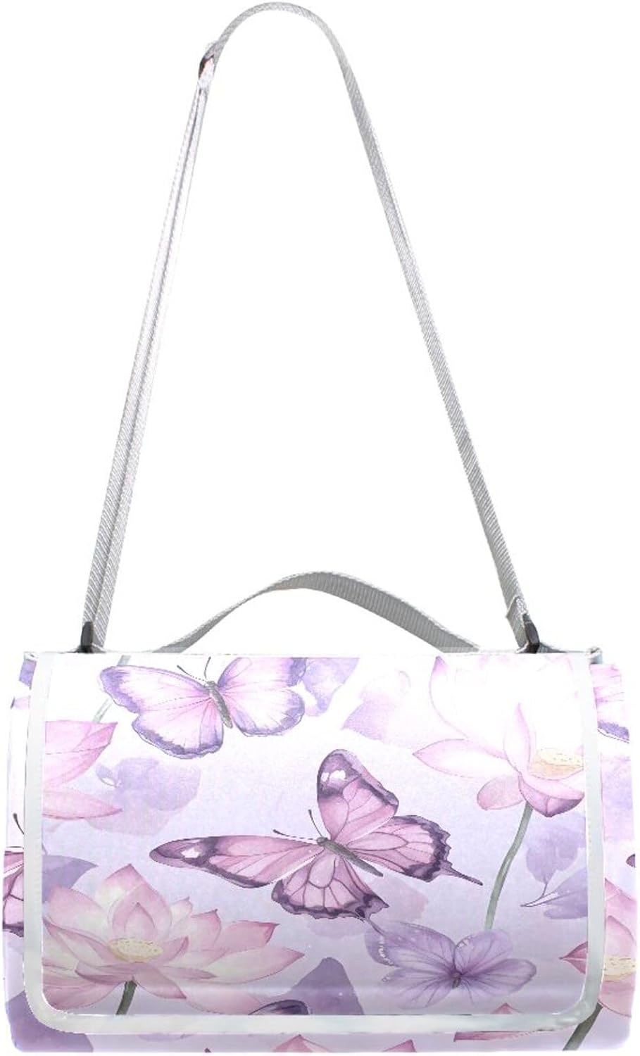 MNSRUU Picnic Blanket Waterproof Foldable, Butterflies Lotus Flowers Large Outdoor Picnic Blanket Beach Blankets Camping Blanket Travel Mat, Shoulder Strap Tote, Rectangle 57x59in