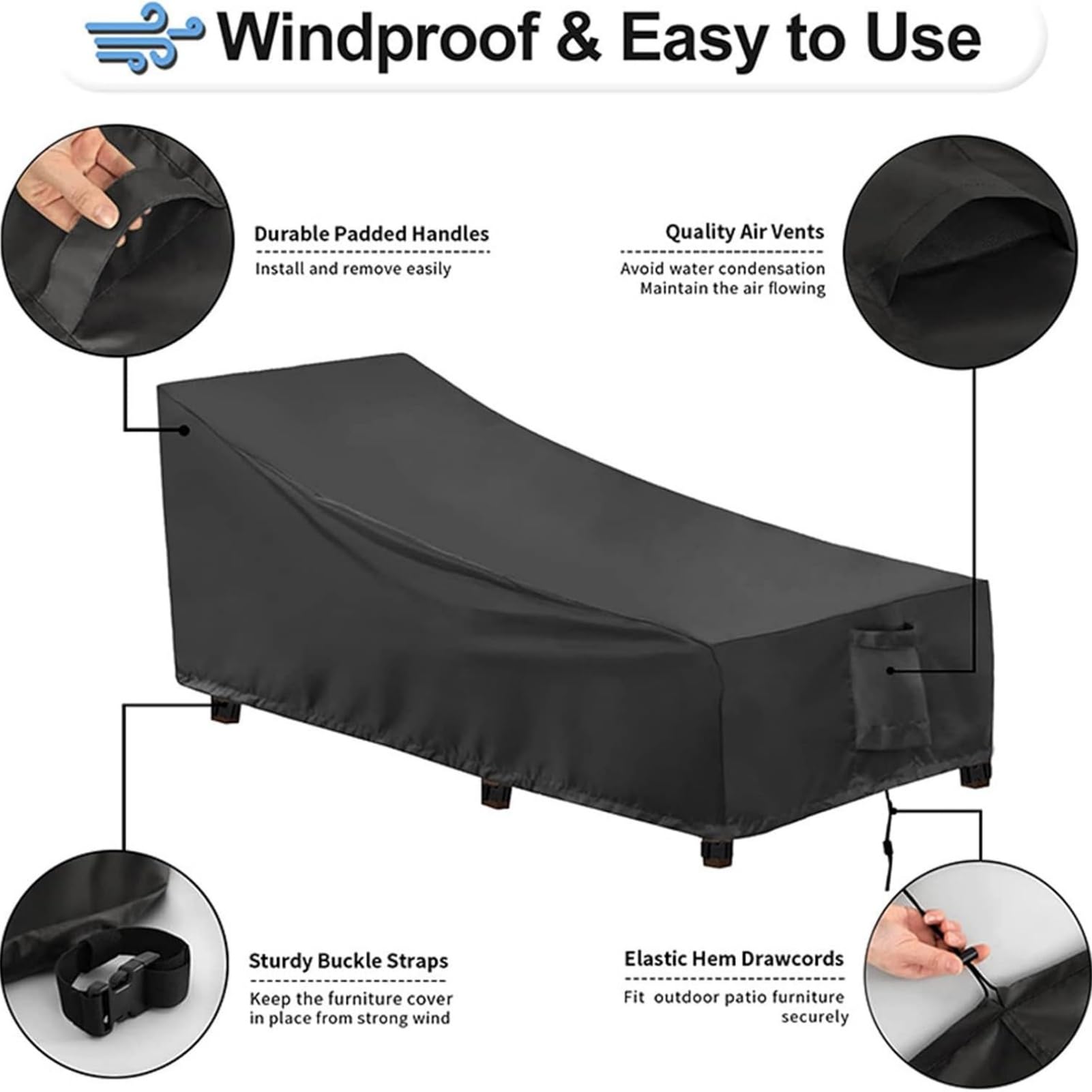 Copertura Impermeabile Per Lettini Da Giardino, Tessuto Oxford 420D Con Coulisse E Fibbia, Anti-UV Antivento Antipolvere, Protezione Esterna Per Sdraio in Rattan E Mobili (Nero,208x76x79x41cm)