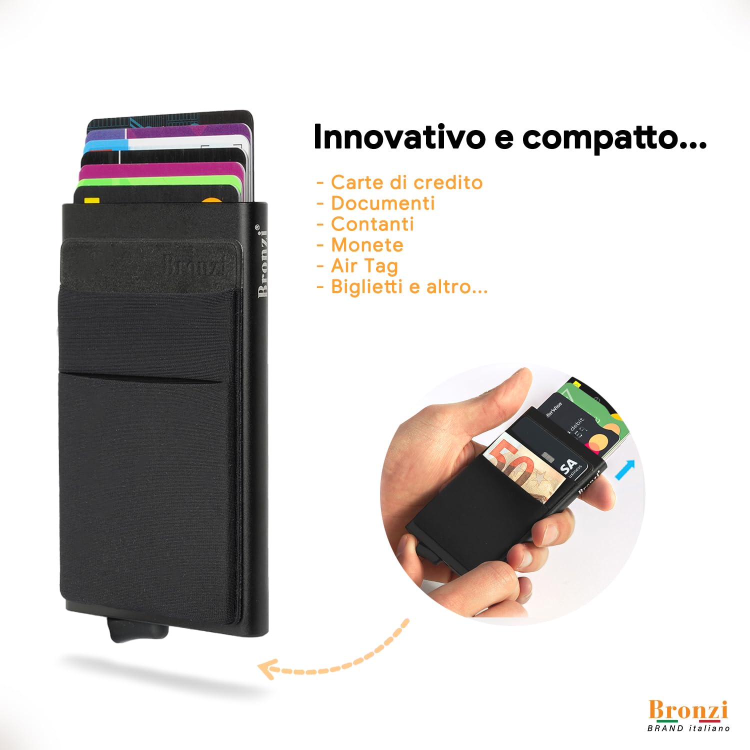 Bronzi® Portafoglio Uomo Slim Piccolo | Portacarte Uomo Donna Portatessere Porta Carte Di Credito | Portafogli Mini Protezione RFID con Portamonete | Box Regalo - Brand Italiano (Nero)