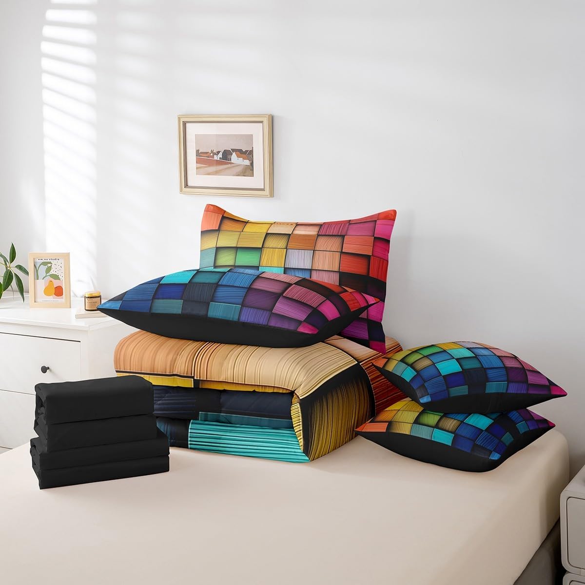 Erosebridal Rainbow Geometric 7 Pcs Bedding Set Full Size,Colorful Grids Bed in a Bag,Modern Abstract Art Bed Set Includes Comforter,Sheet Set,Pillowcases & Pillow Covers,Building Blocks Bedroom Decor image 5