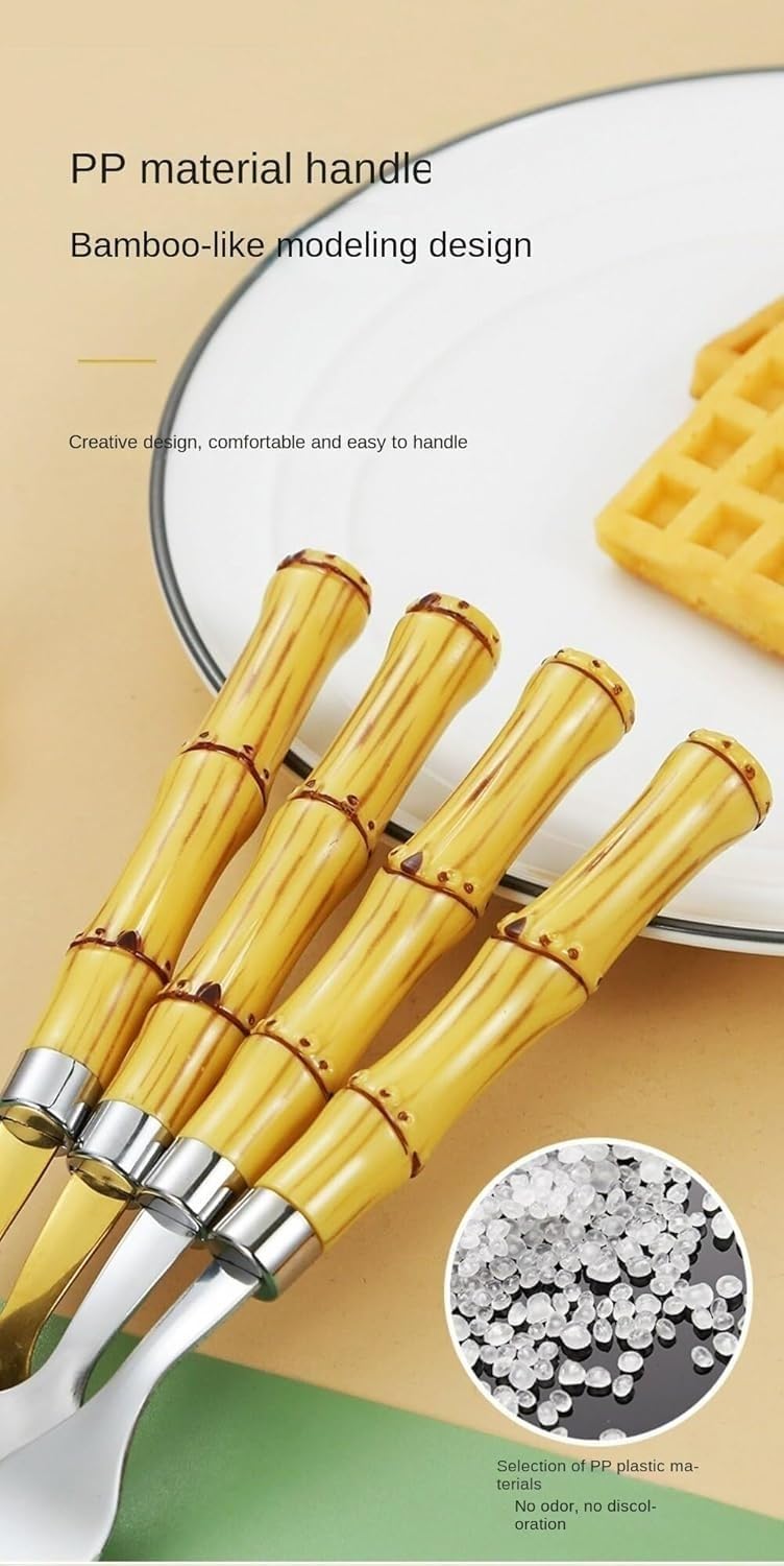 Juego de cubiertos de acero inoxidable con mango de bambú for cocina, vajilla de acero inoxidable, ideal for el hogar, restaurantes, banquetes, cuchillos, tenedores y cucharas (dorado, 16 piezas)(Silv
