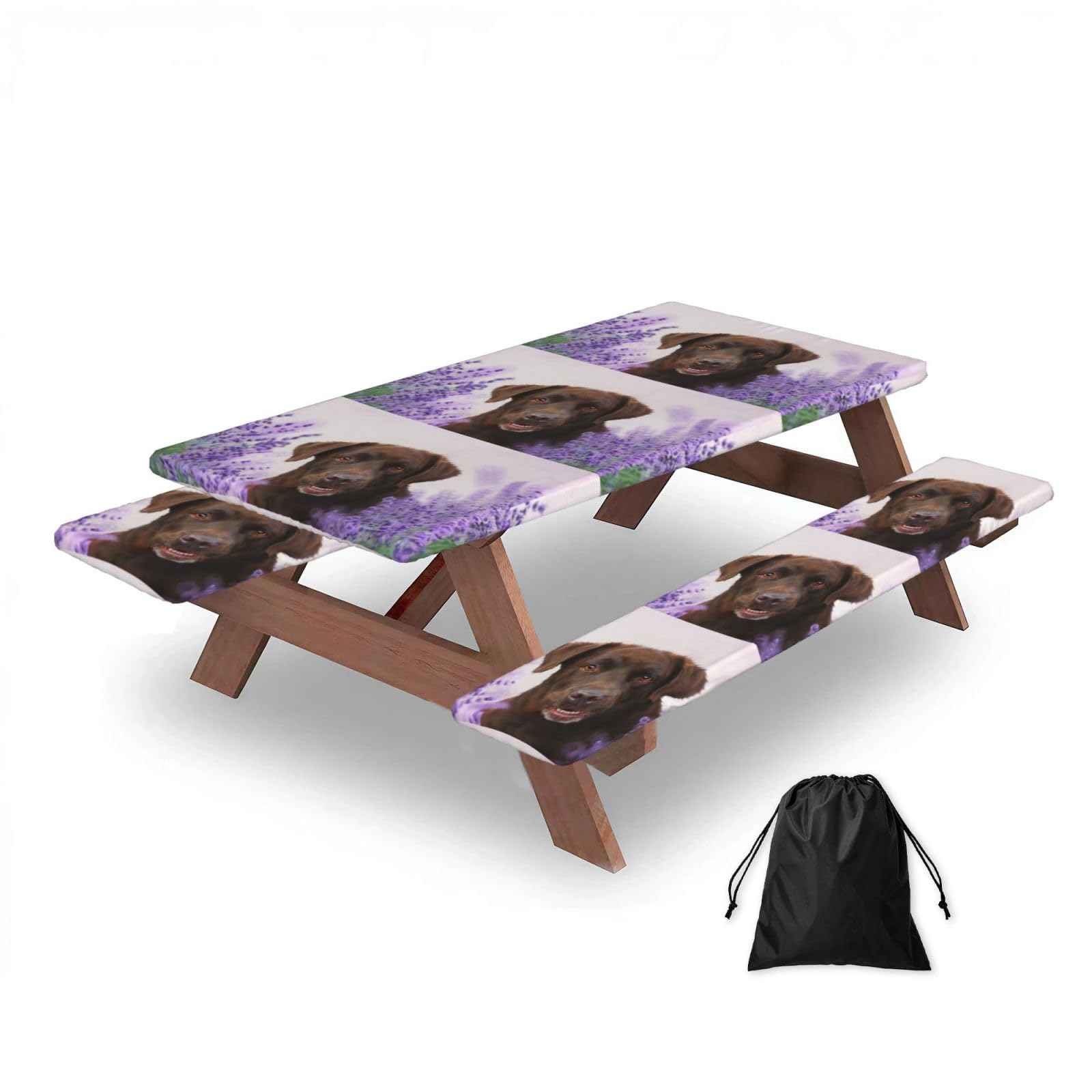 Dopklna As Picture Brown Labrador Lavender Dogs Retriever, Picnic Table Cover With Bench Covers -Waterproof Elastic Fitted Tablecloth For Garden Camping Patio 76X152cm
