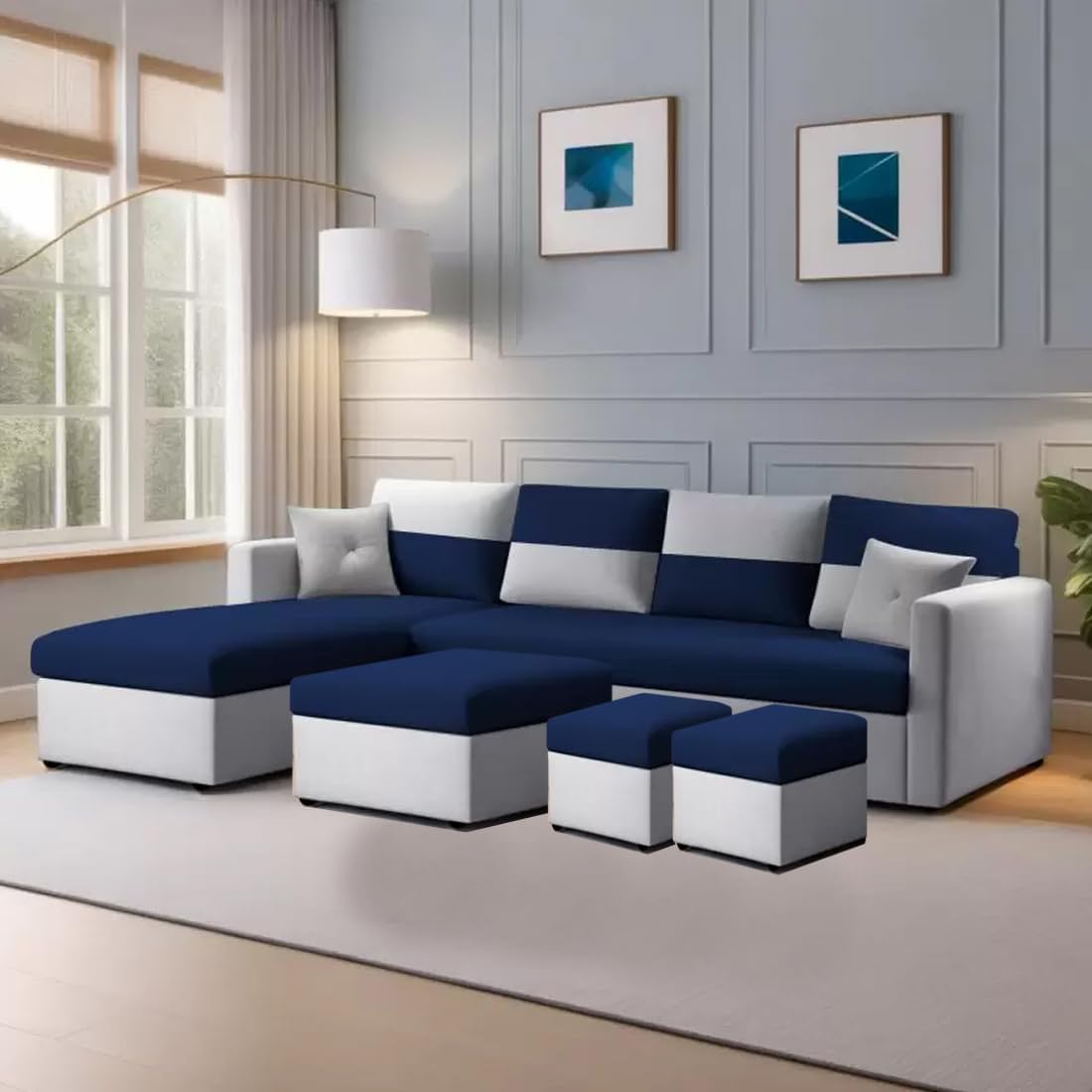 FURNY Arno 8 Seater Fabric LHS L Shape Sectional Sofa Set with 1 Centre Table & 2 Ottomans (Light Grey-Blue)-image-2