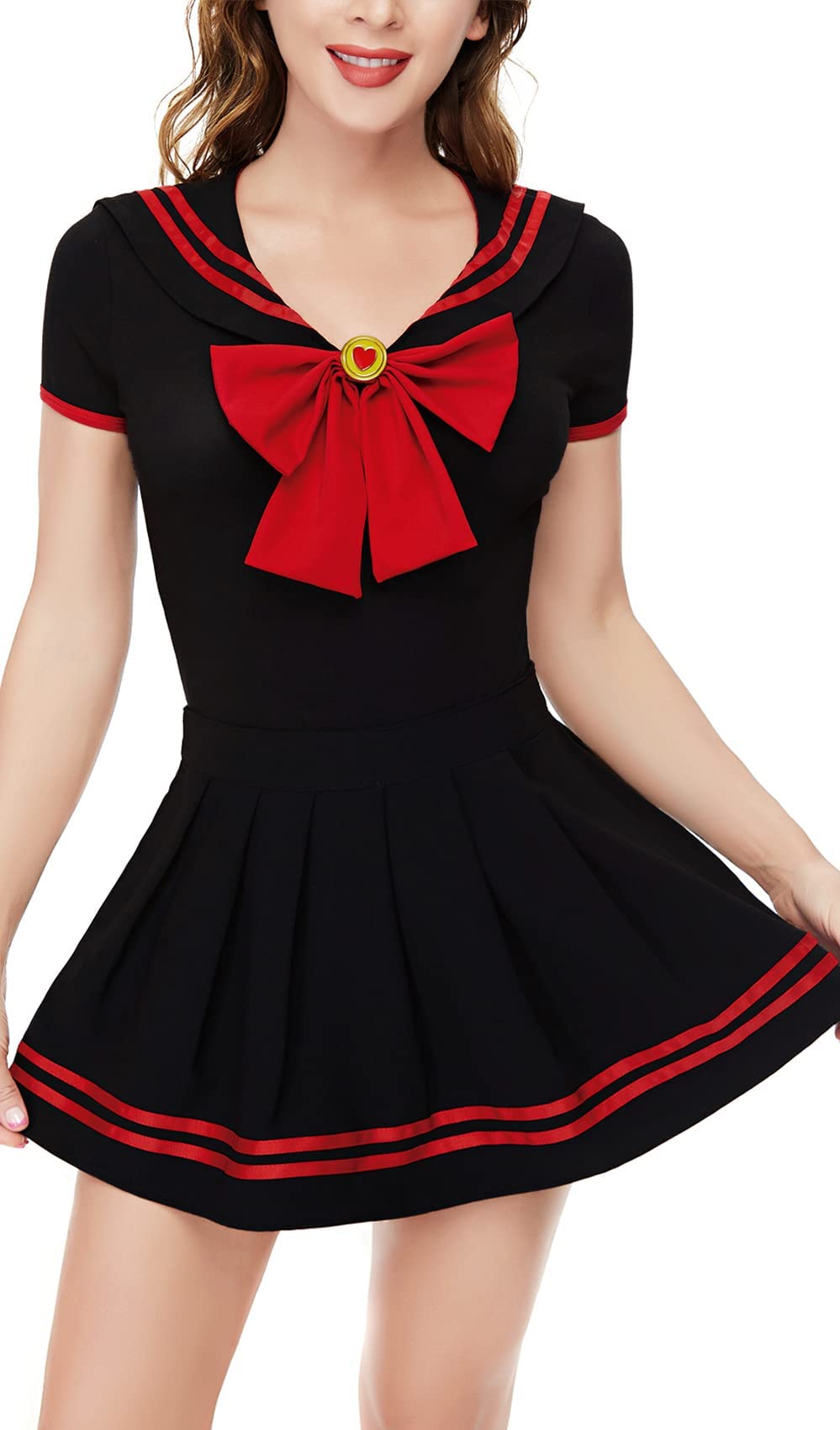 Button Crotch Romper Onesie Adult Bodysuit Magical Sailor Cosplay Costumes Onesie Skirt Set, Red Black, X-Large-image-40