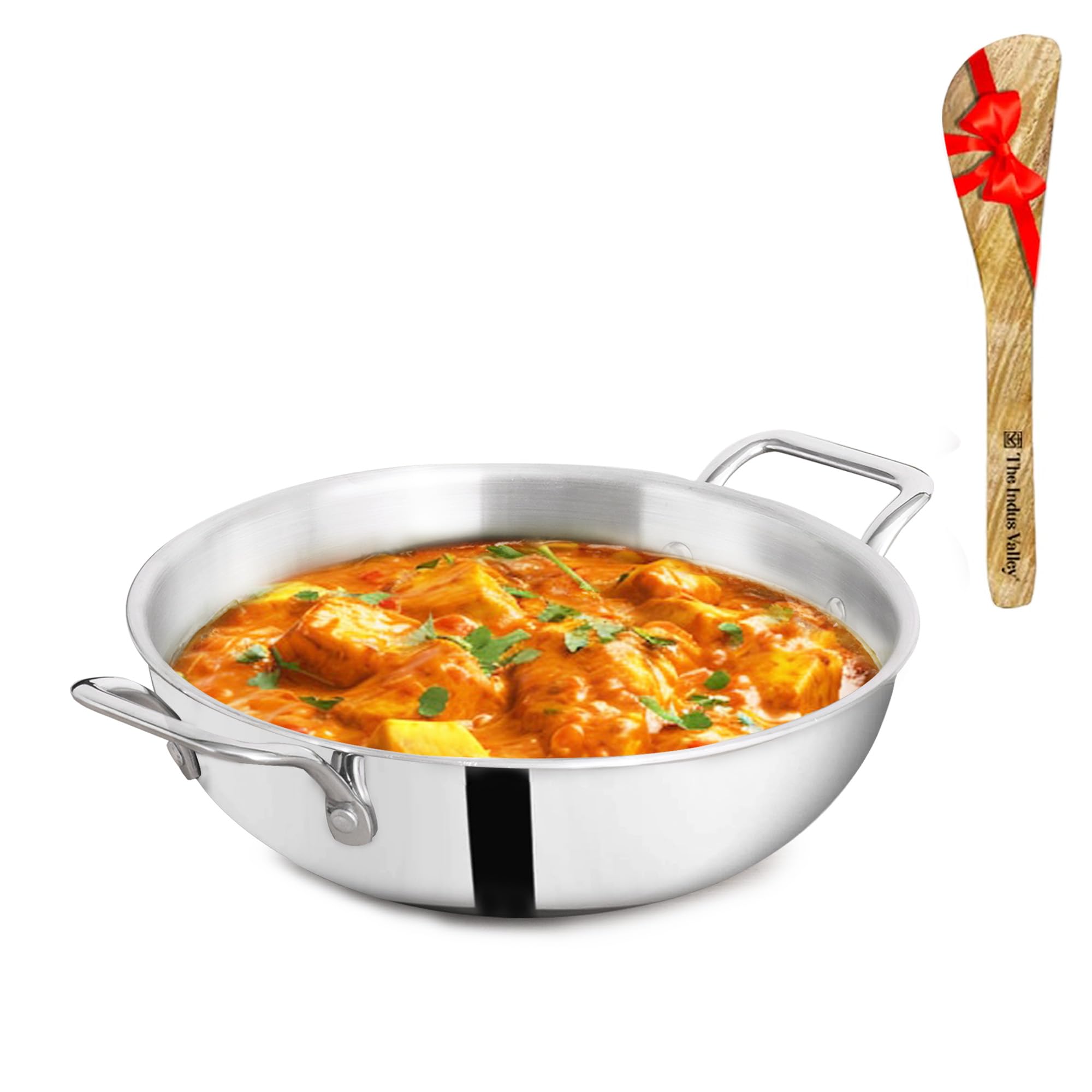 Triply Stainless Steel Kadai/Kadhai with Free Wooden Spatula | Medium, 23.4cm/9.2 inch, 2.7Ltr, 1.2kg | Induction friendly | Nonstick 3-Layer Body,100% Toxin-free, No Chemical Coating
