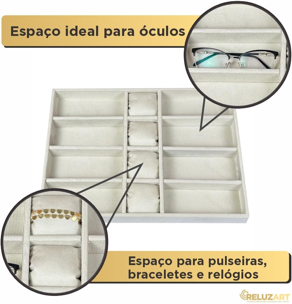 Reluz Art Organizador Para Joias Gaveta Veludo Para Acessórios, Relógios, Anéis, Óculos e Colares (Bege, 40 x 30 x 3,5cm Óculos e Relógios)
