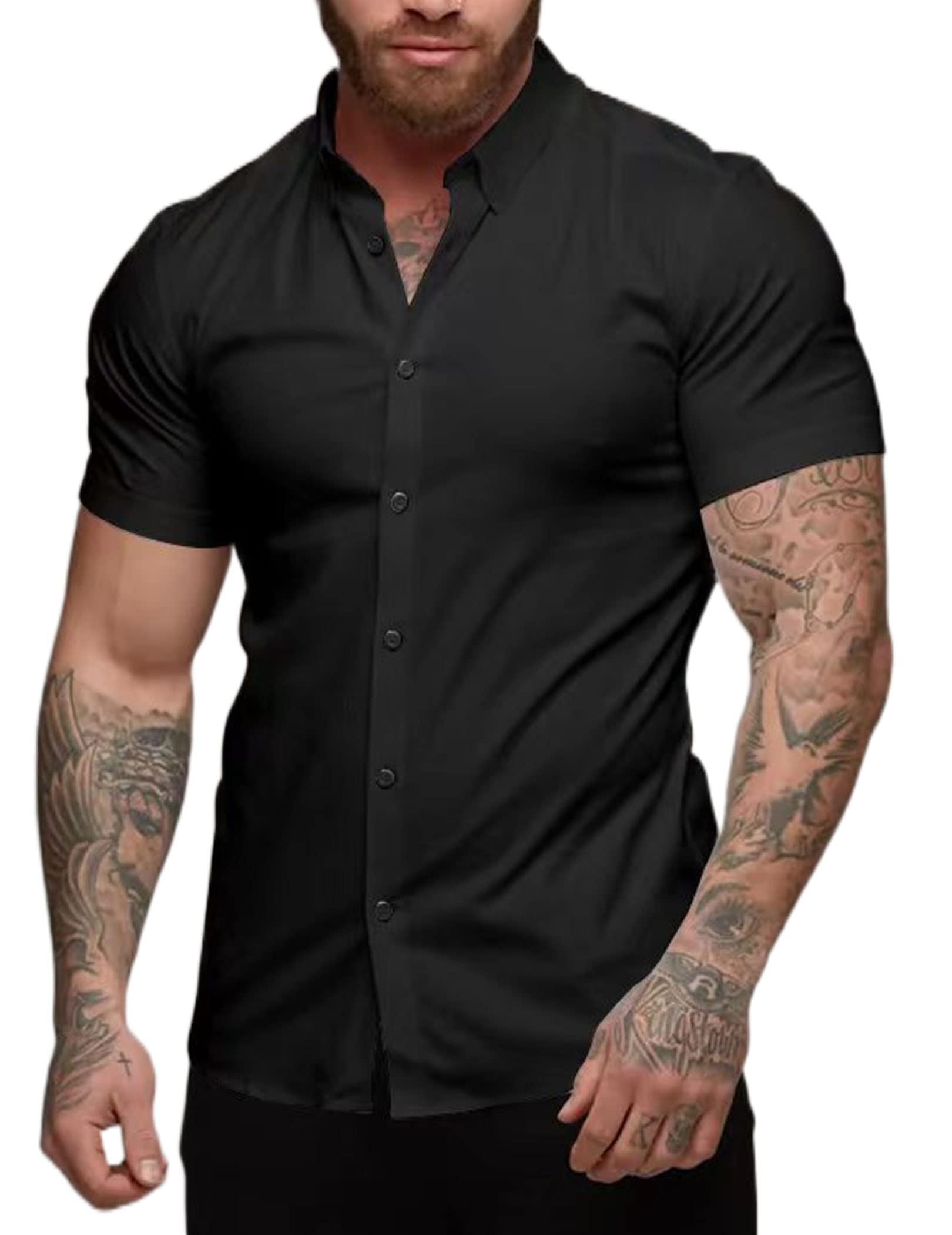 Elanbells Men's Muscle Fit Dress Shirts Slim Fit Button Down Short Sleeve Shirts