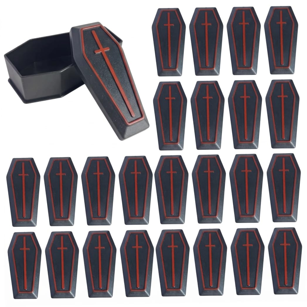 Imooreshine 24 PCS Mini Halloween Coffin Boxes, Plastic Casket Treat Containers for Candy Jewelry Party Favors Kids Spooky Decorations, Black
