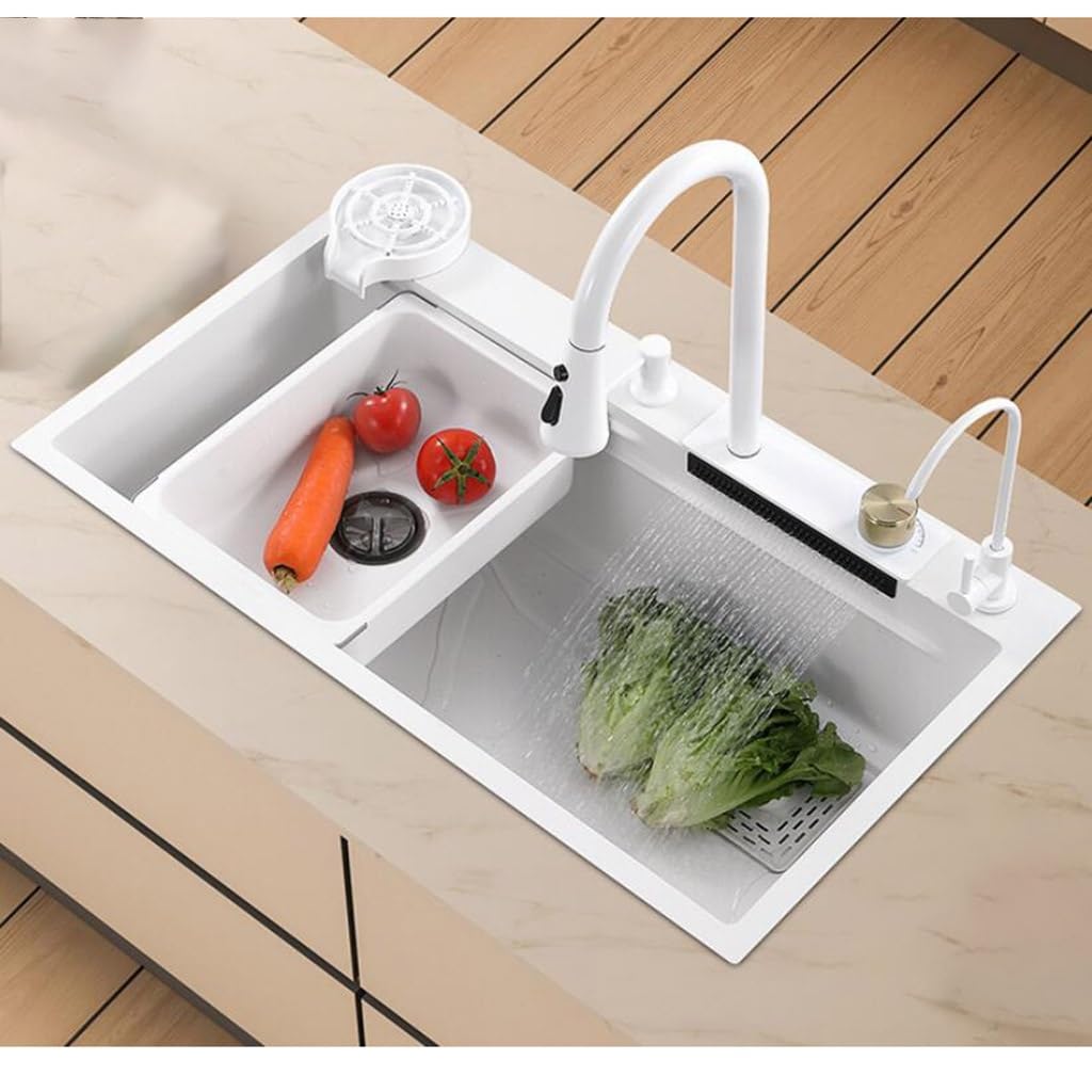 LMYSXAOZ Single Bowl White Stainless Steel Waterfall Sink Kitchen Balcony Bar Dish Washing Basin Dishwashing Water Pool (Color : White, Size 68 * 45 22cm)