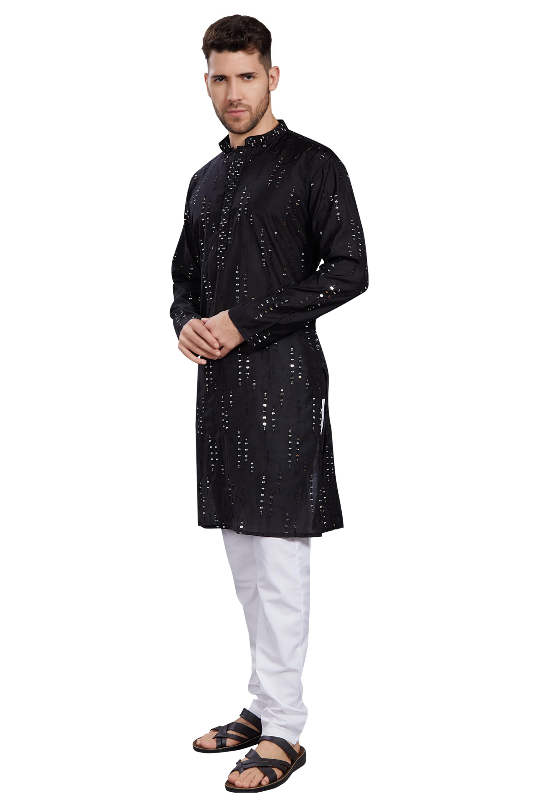 Divisive Men's Mirror Embroidered Silk Blend Only Slim Fit Kurta (Dkrt818_Xl_Black)