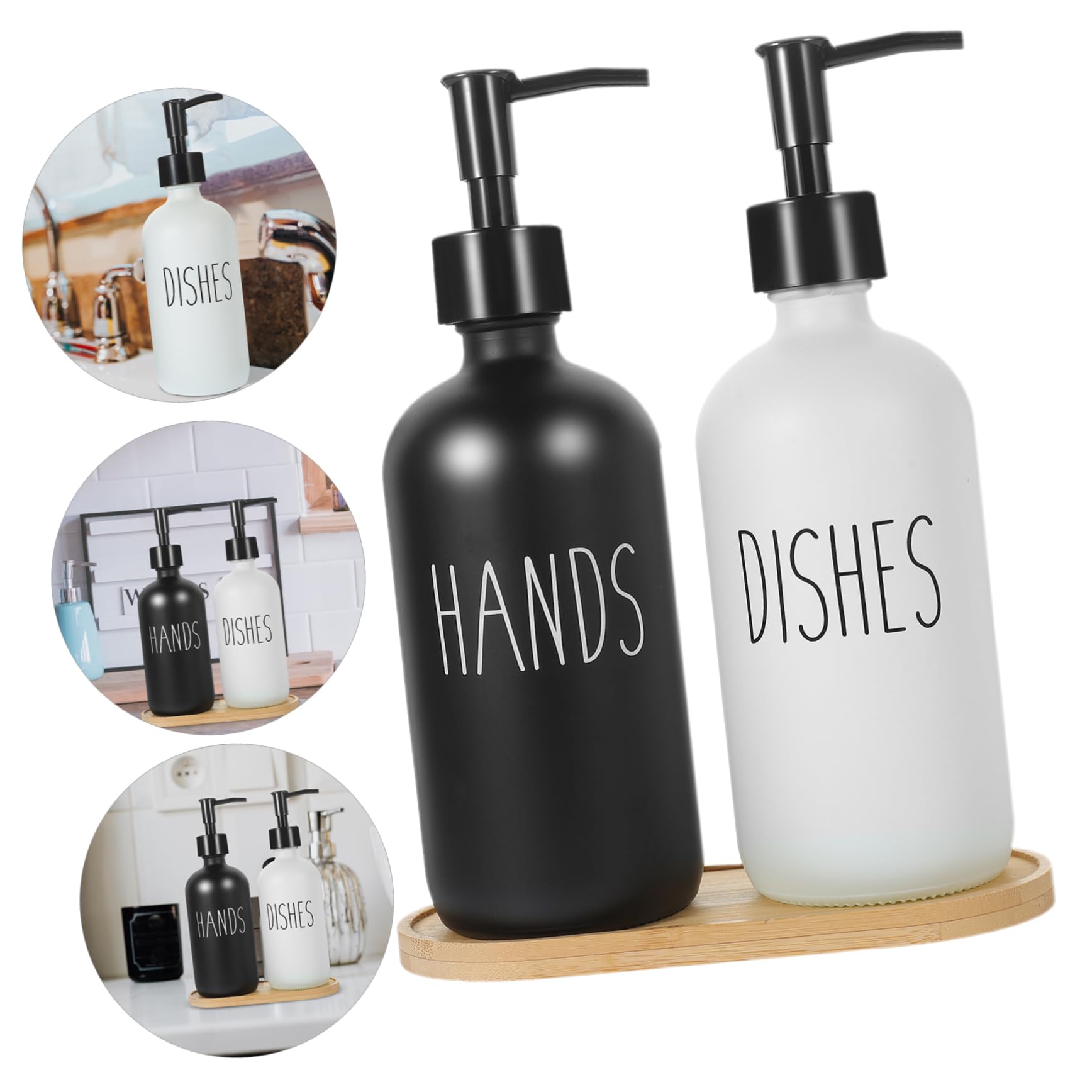Dispensador de Jabón Líquido de Vidrio 500ml, Juego de 1 con Bandeja de Bambú, Reutilizable, para Baño y Cocina, Fácil de Presionar
