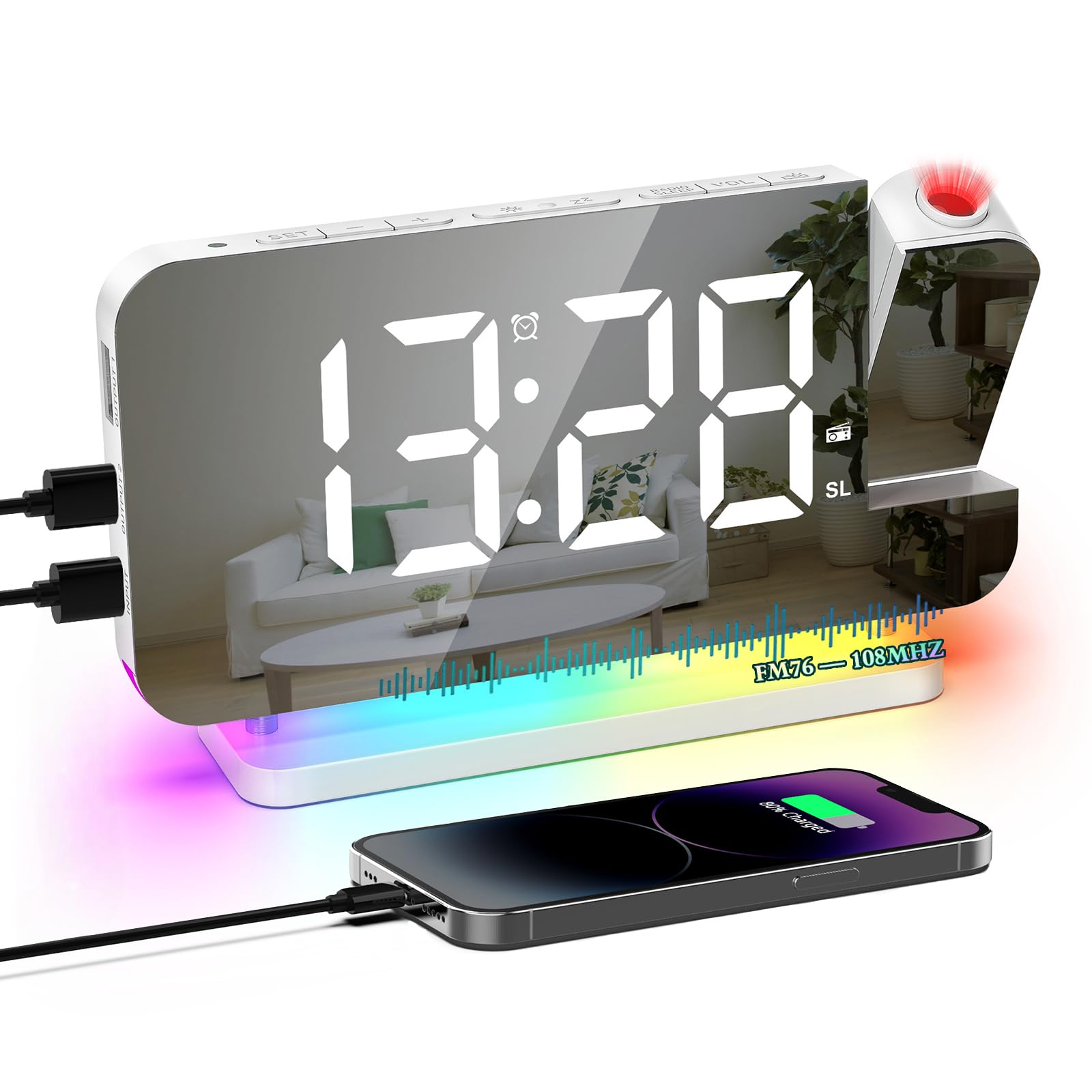 Radiosveglia Digitale con Proiezione e FM 6 Livelli Luminosità Schermo 4 Proiezione Snooze