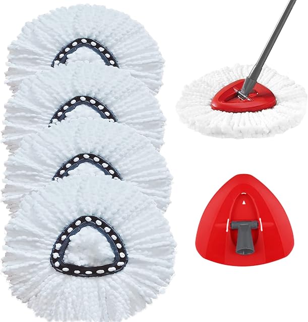 4 White Mop Head Refills Replacement for Vileda Turbo Mops, Microfiber Mops with Mop Head Base Compatible with O-Cedar Easy Wring & Clean 2 in 1 Mops Refills