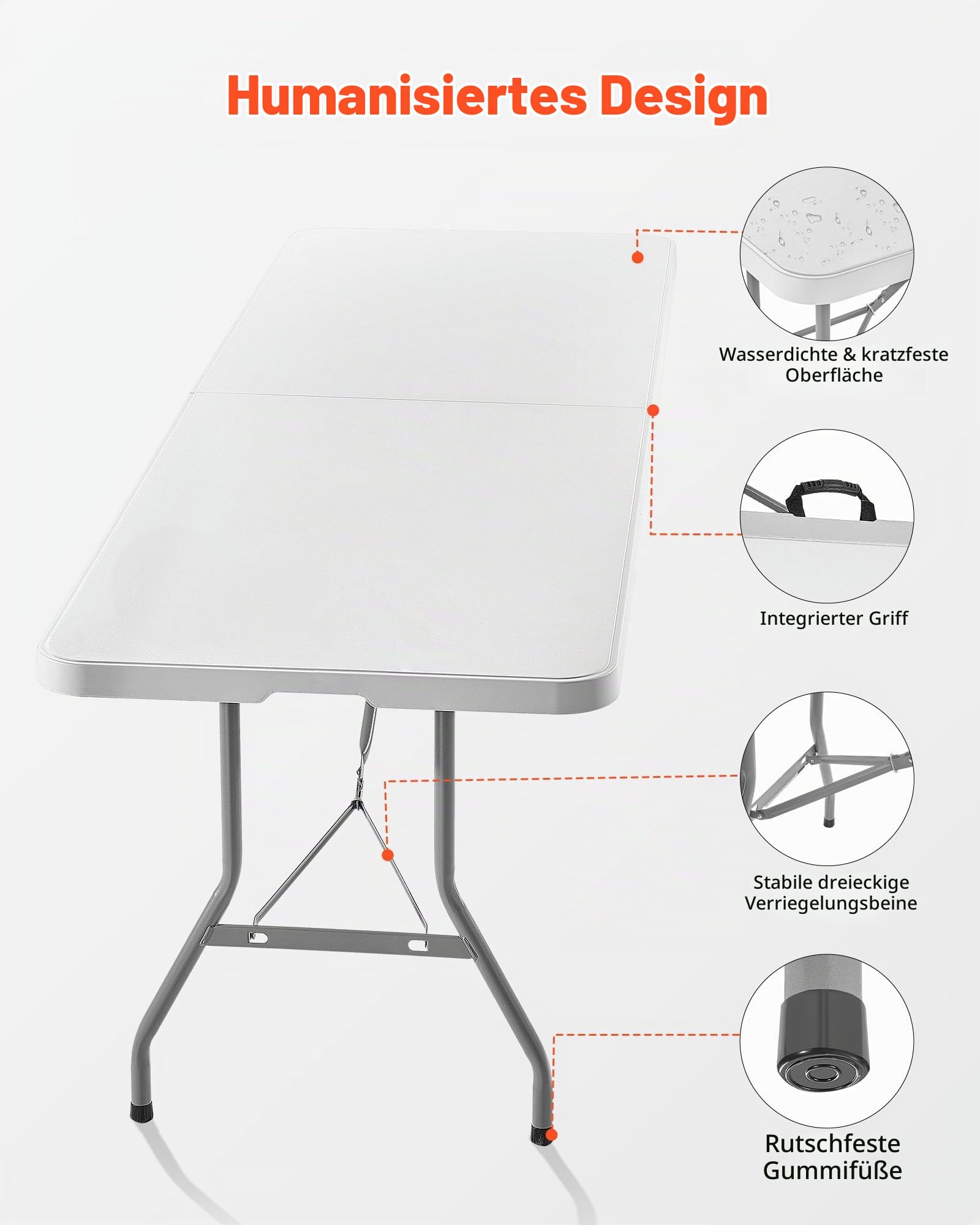 VEVOR Klapptisch Buffettisch tragbarer Allzwecktisch 244 cm, rechteckiger Kunststofftisch (für 6-8 Personen) mit integriertem Griff, Gartentisch Campingtisch für Partys Picknick Camping, weiß