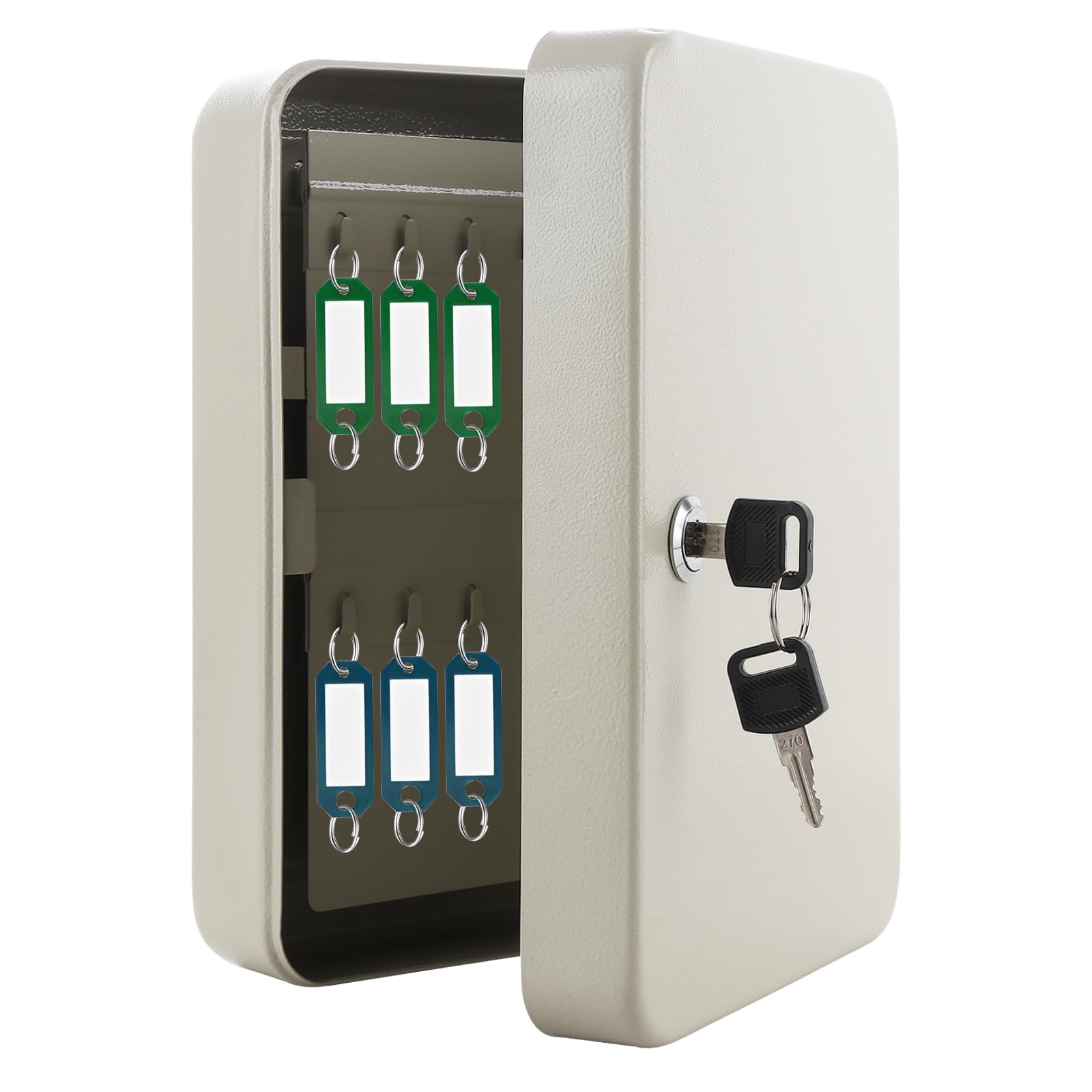 Ghligna Key Safe 48-Key Wall Mounted Keys Cabinet - White Iron Security Lock Box with 2 Unlocking Keys and Hooks for Home Office Storage
