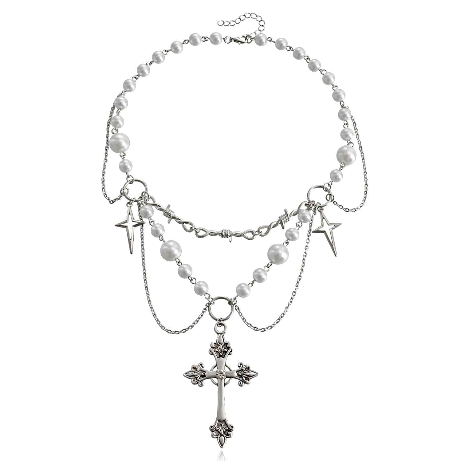 Layered Gothic Pearl Chain Necklace Men Women Silver Cross Spike Pendant Multi Strand Adjustable Statement Streetwear Fashion Jewelry Gift