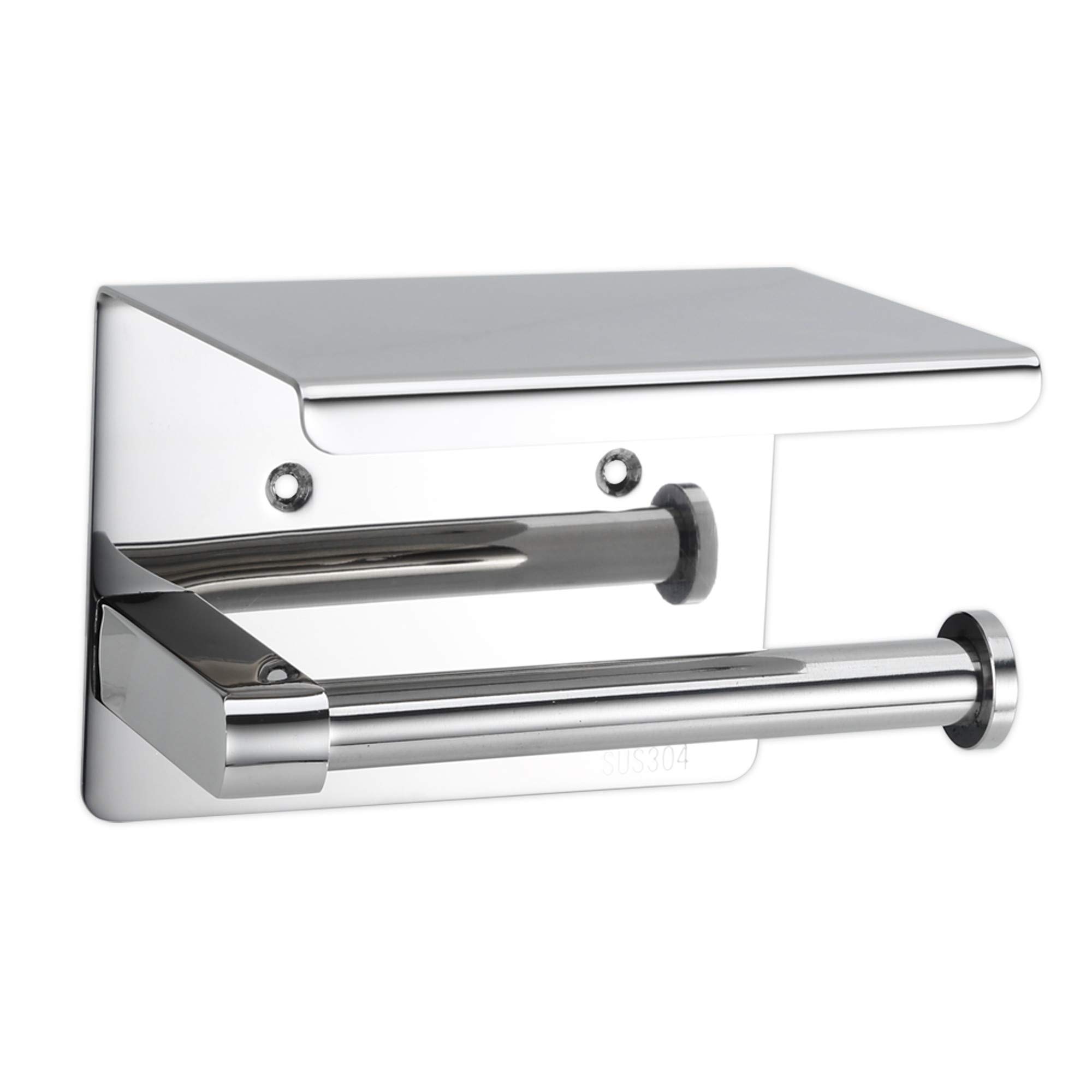 INTIRILIFEToilet Roll Holder with Shelf in SILVER – Wall Mounted Stainless Steel Paper Holder with Shelf for Drilling with Screws perfect for Phone, Towels, Cloths and more