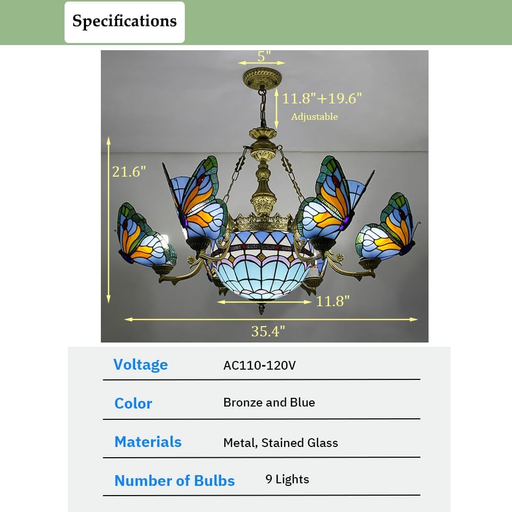 Stained Glass Chandelier, Tiffany Style Hanging Light, Vintage Blue Butterfly Pendant Light Fixture for Living Room Dining Room (9 Lights)