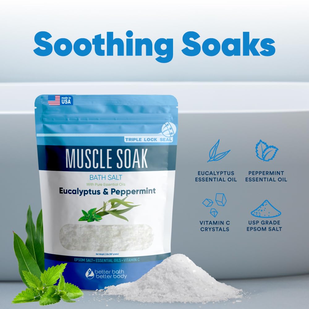 Muscle Soak Bath Salt 32 Ounces (2 Lbs) Epsom Salt with Natural Peppermint and Eucalyptus Essential Oils Plus Vitamin C in BPA Free Pouch with Easy Press Lock Seal Made in USA